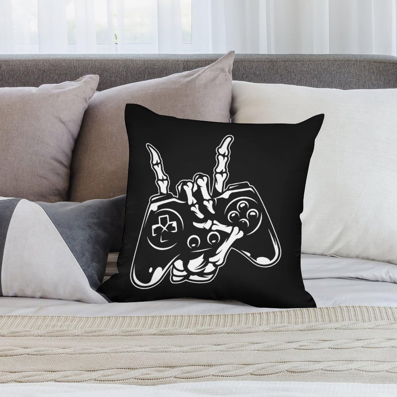 Soft Skeleton Gaming Controller Polyester Pillow Cover - 12x12 Inch Smooth Cushion Case for Sofa, Bed, Gaming Chair - Perfect for Gamers & Home Decor