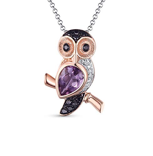 925 Sterling Silver Rose Gold Plated Owl Pendant Necklace with 0.79ct Black Diamond & Amethyst - Elegant Jewelry Gift for Women, Perfect for Birthday, Anniversary & Special Occasions