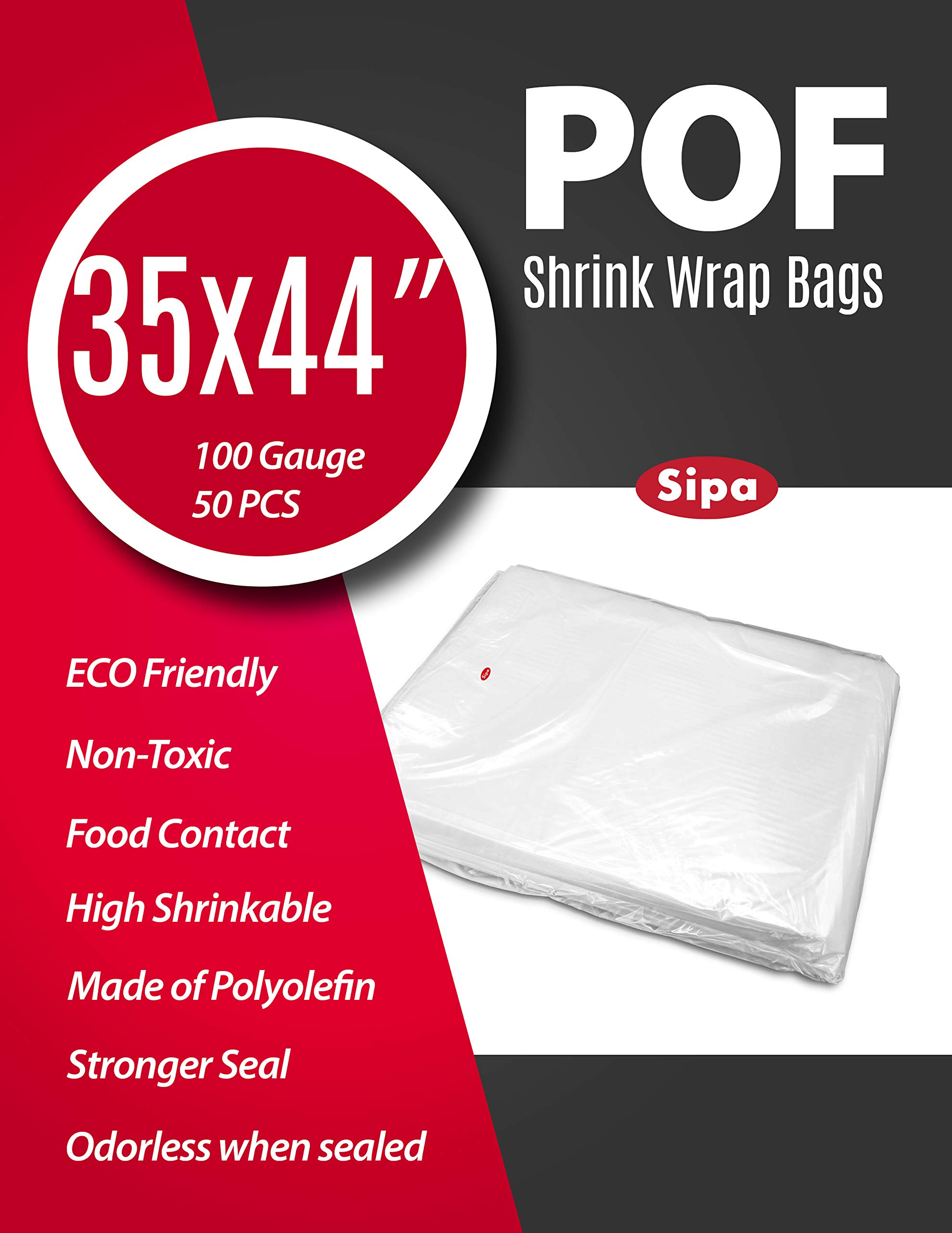 SIPA 35x44 Inch 50 PCS 100 Gauge POF Non-Venting Shrink Wrap Bags, Odorless for Stationery, Photo Frames, Soap Supplies, Oil Bottles, DIY Crafts - Perfect for Gift Packaging, Product Bundling & Retail Display