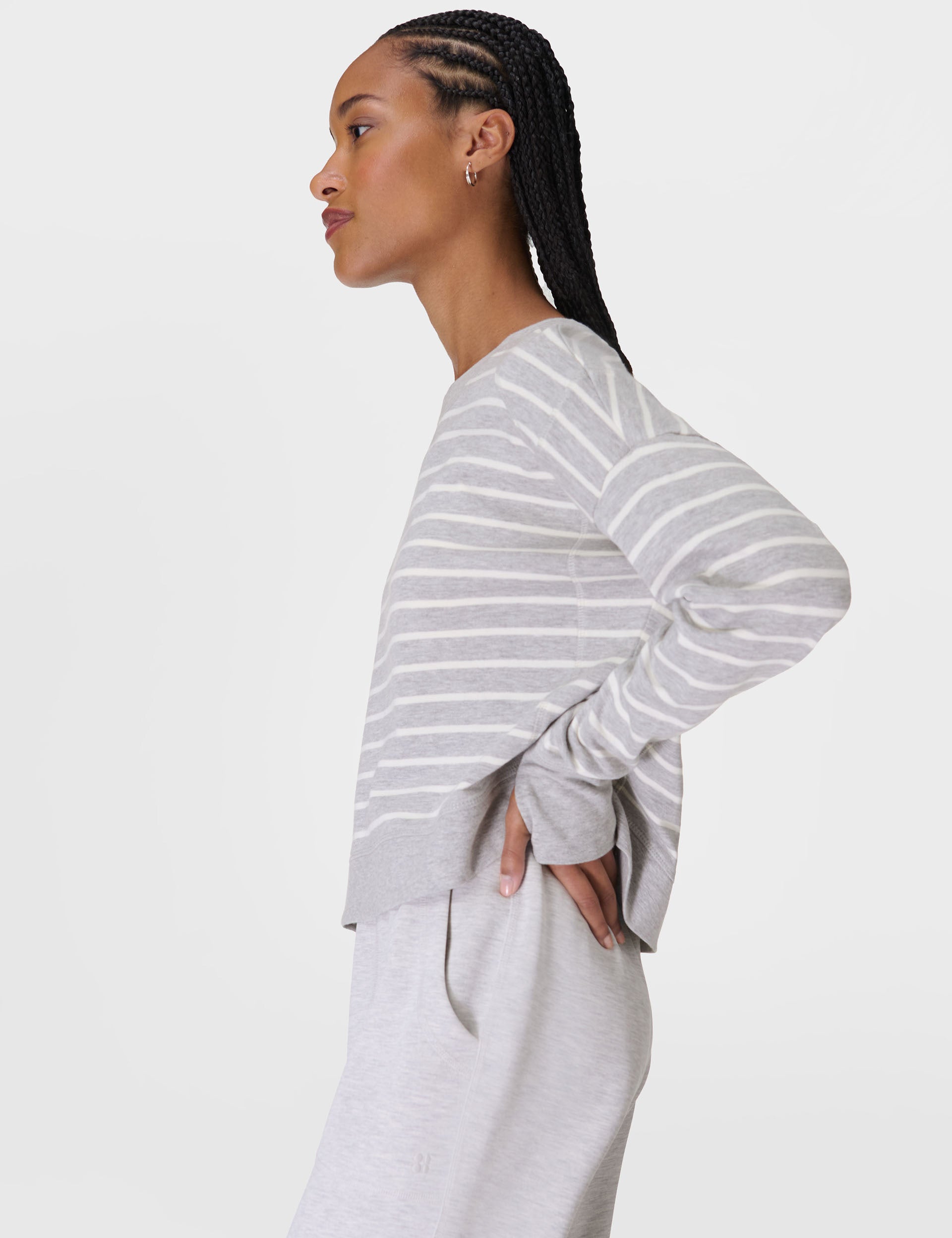 After Class Crop Sweatshirt - Lily White & Light Grey Marl Stripe | Women's Casual Pullover Hoodie for School, Gym & Streetwear Fashion