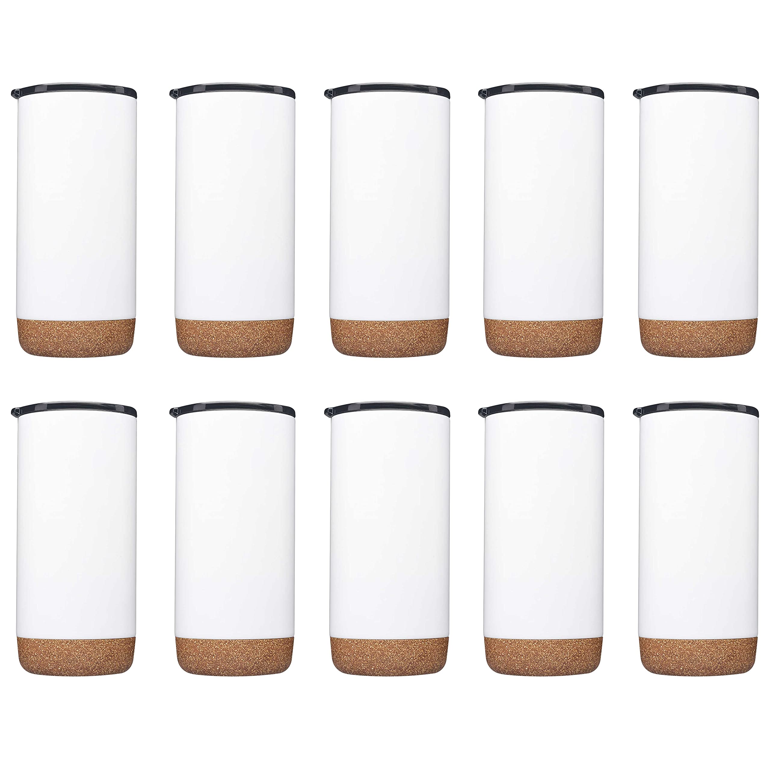 10-Pack 16oz Insulated Travel Tumblers with Cork Base - Double Wall Vacuum Stainless Steel, Matte Finish, Keeps Drinks Cold/Hot - Perfect for Iced Coffee, Soda, Tea, Water - Great for Office, Camping, Road Trips & Outdoor Activities