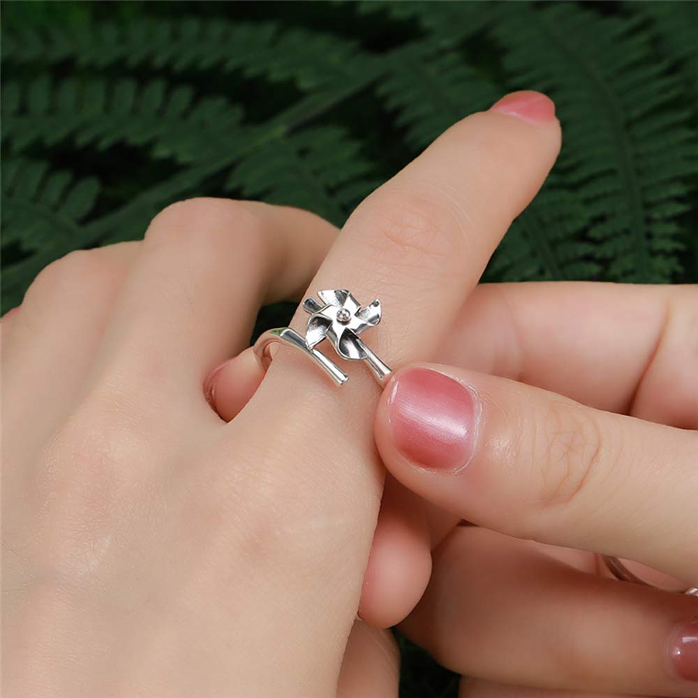 LOVECOM 925 Sterling Silver Fidget Spinner Ring for Women - Adjustable Size Fashion Statement Jewelry - Unique Spinning Windmill Design - Perfect Birthday & Graduation Gift for Her - Great for Stress Relief, Anxiety Management and Stylish Everyday Wear