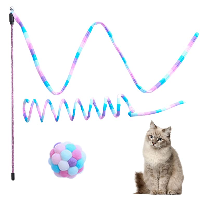 **Interactive Cat Toys for Indoor Cats - 3 Pack Rainbow Wand with Fuzzy Balls & Bell, Spring Toy for Kittens & Puppies - Perfect for Chase, Exercise & Playtime**