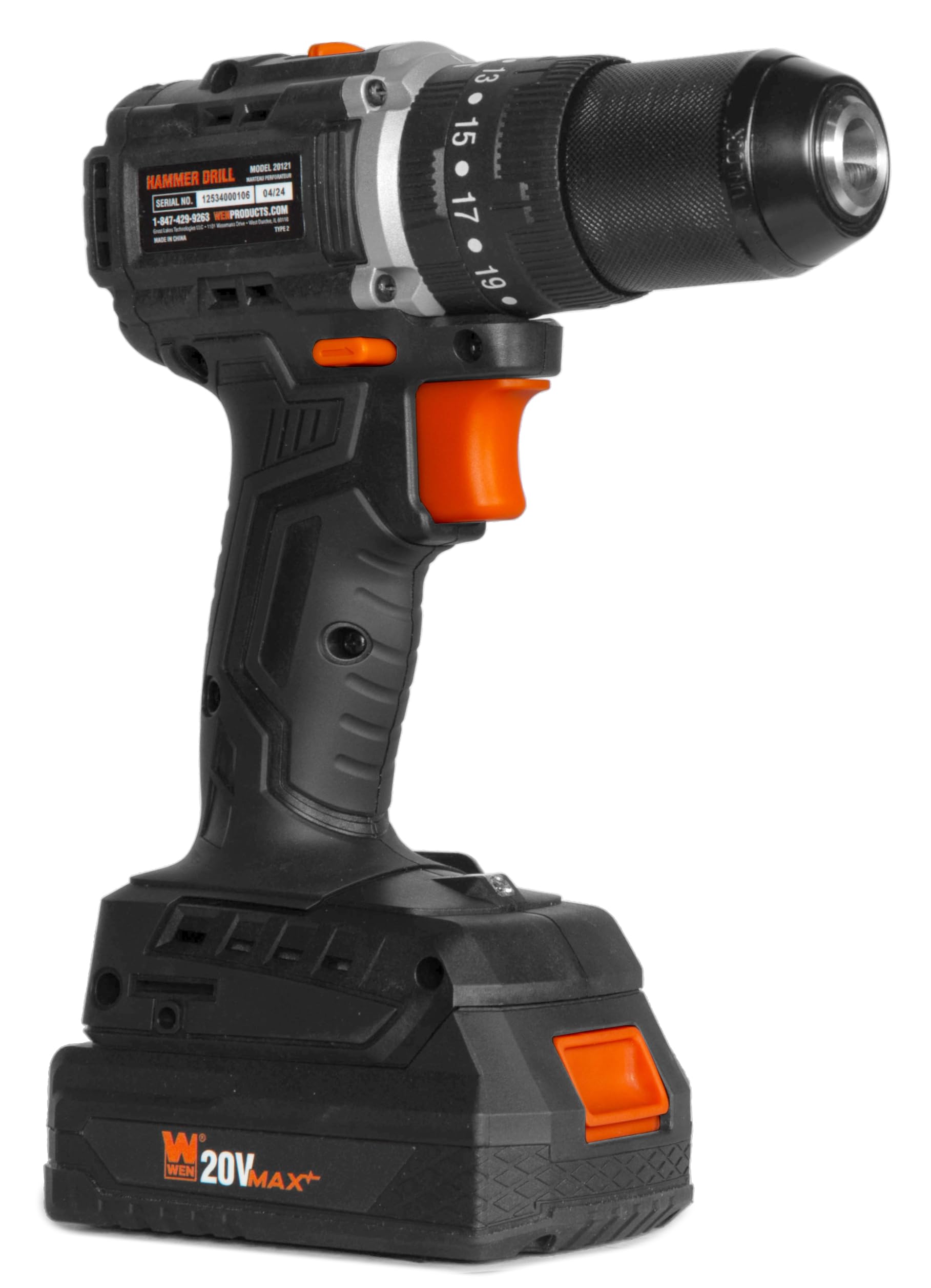 WEN 20V Max Cordless Hammer Drill and Driver Kit - Brushless Motor, 1/2-Inch Chuck, 2.0Ah Lithium-Ion Battery & Fast Charger Included (Model 20121) - Perfect for DIY Projects, Home Repairs, and Professional Construction Work