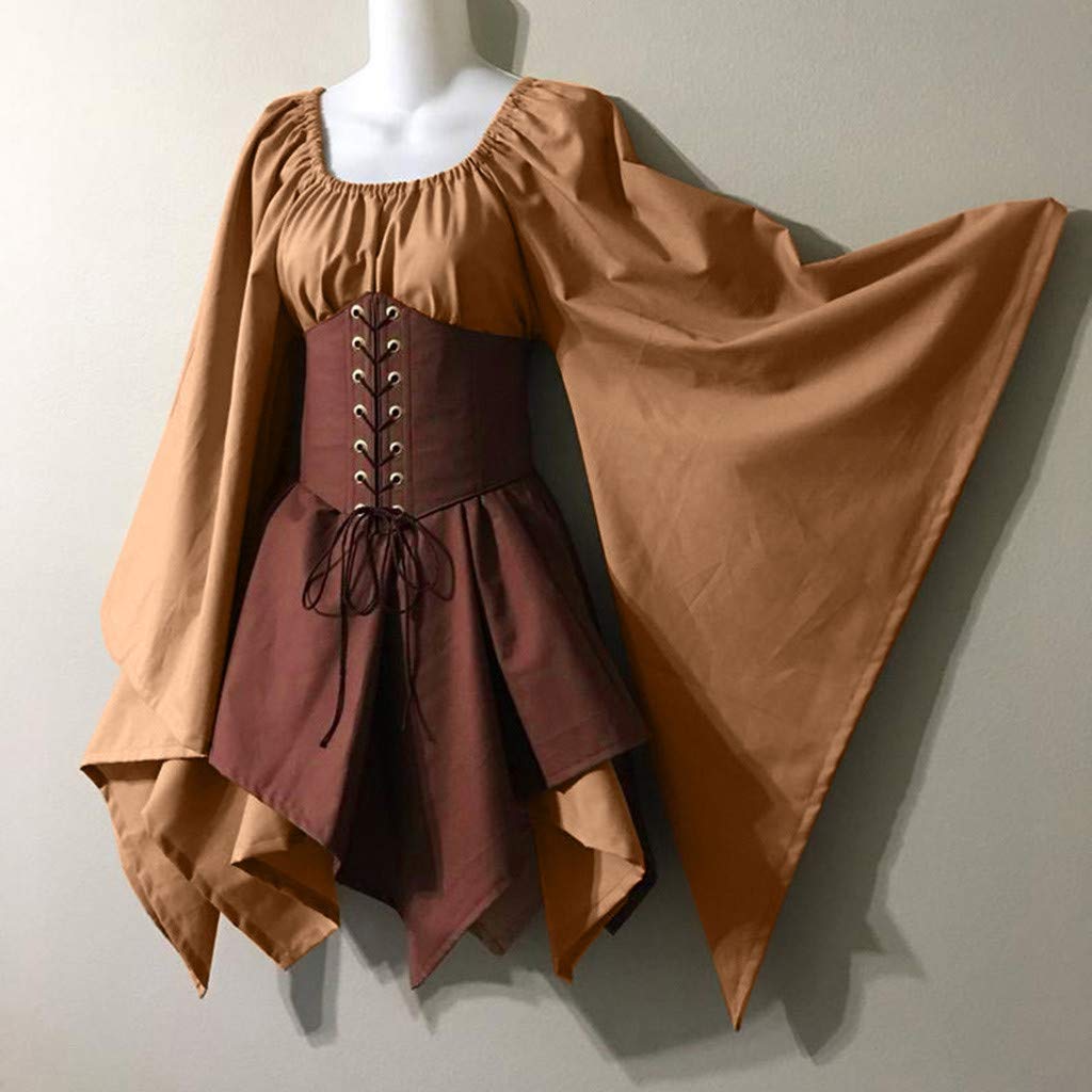 Women's Medieval Renaissance Pirate Corset Dress - Flared Sleeve Traditional Irish Short Costume for Cosplay, Halloween & Historical Reenactment