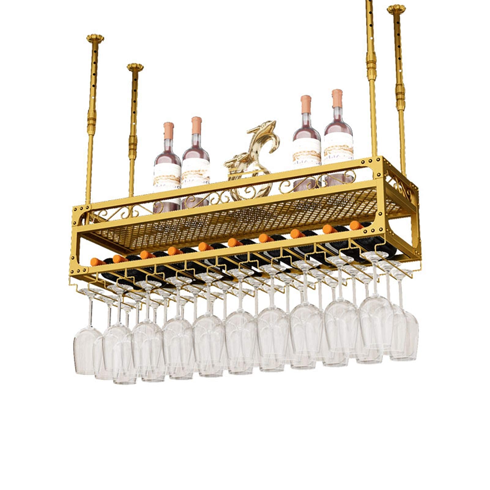 2-Tier Adjustable Metal Wine Bottle Rack with Glass Holder - Wall Mounted & Ceiling Hanging Iron Wine Shelf for Kitchen, Bar, Restaurant (Black/Gold/Brown) - Perfect for Home Decor & Wine Storage Organization