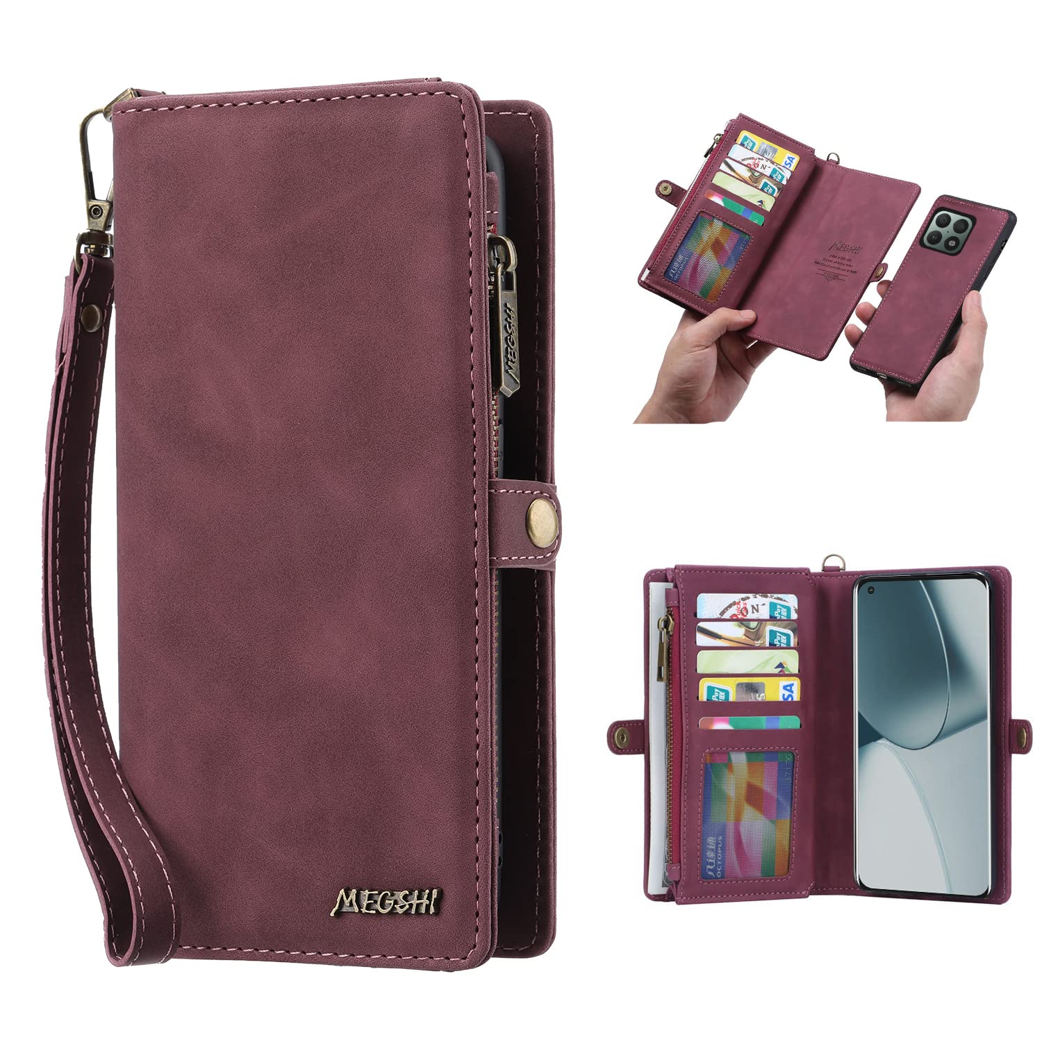 OnePlus 10 Pro Wallet Case - Premium Leather Flip Cover with Card Slots, Zipper Purse & Detachable Magnetic Closure - Hand Strap & Cash Pocket for Men & Women (Red) - Perfect for Daily Commute, Travel & Business Use