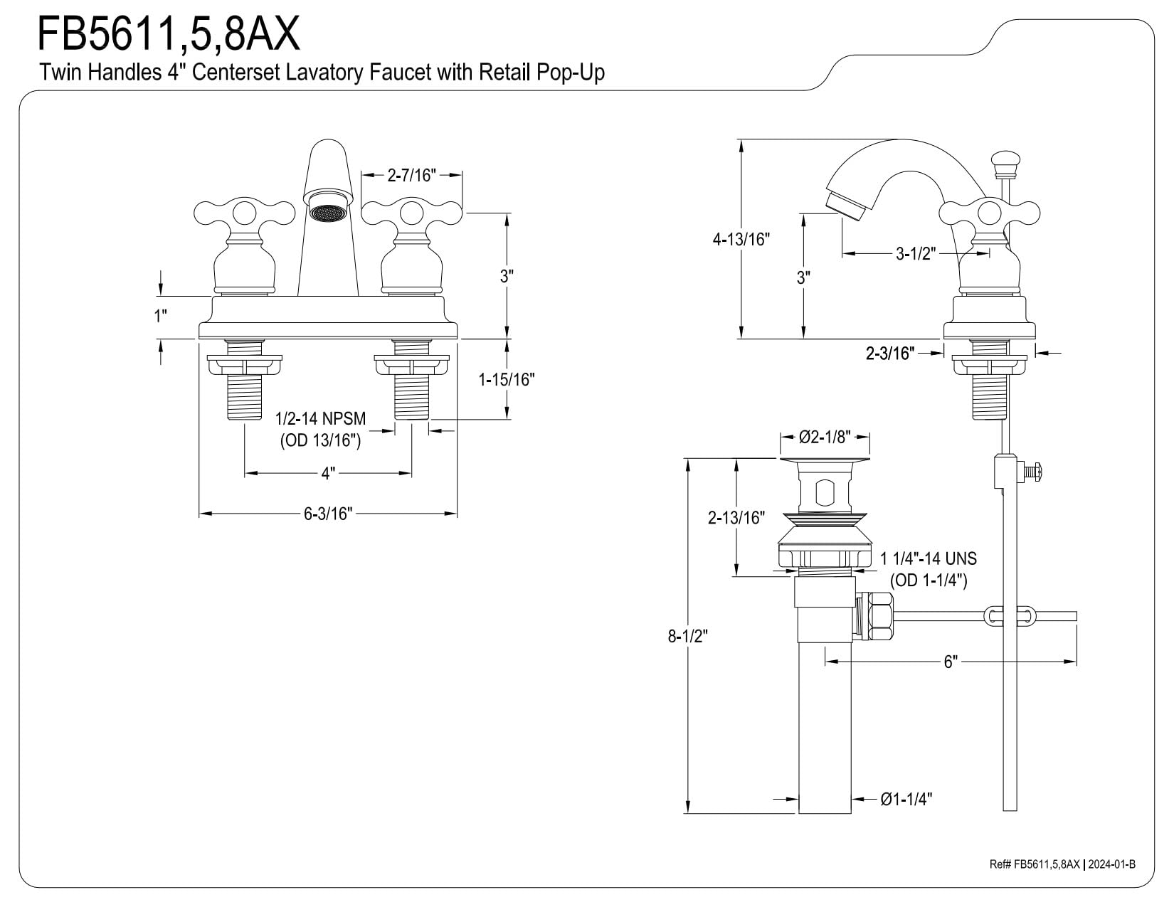 Kingston Brass FB5615AX 3-5/8