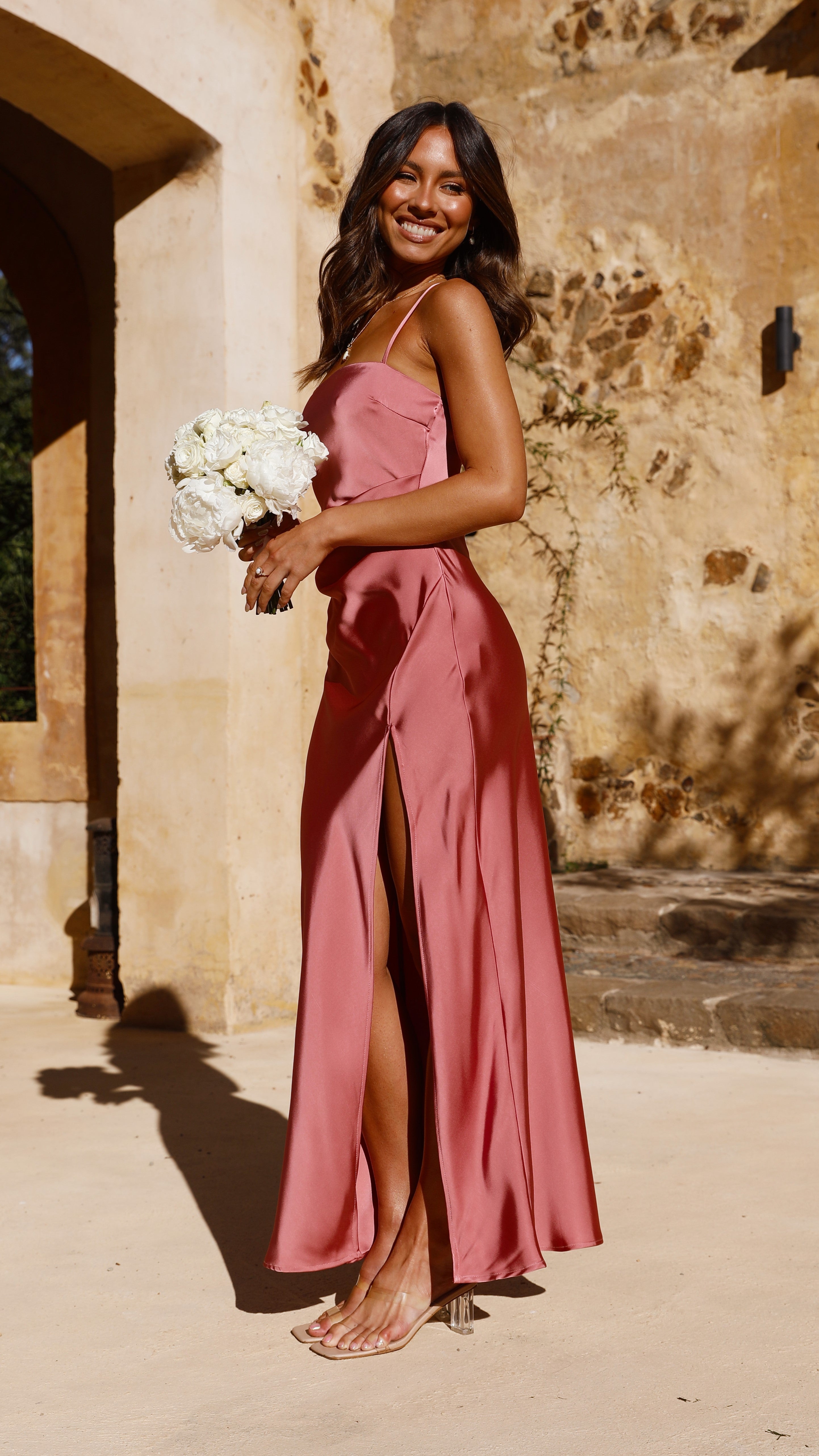 Ilana Maxi Dress - Flowy Baked Rose Long Dress for Women | Summer Beach Wedding Party Outfit