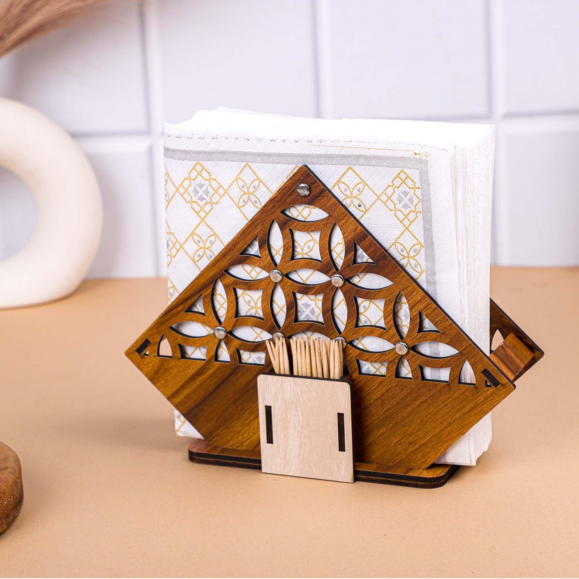 Modern Wooden Tissue Paper Holder with Steel Rivets - Stylish Home & Kitchen Decor for Dining Table, Restaurant, Cafe | Includes Tissue Paper Pack (Perfect for Living Room, Office, Bathroom)