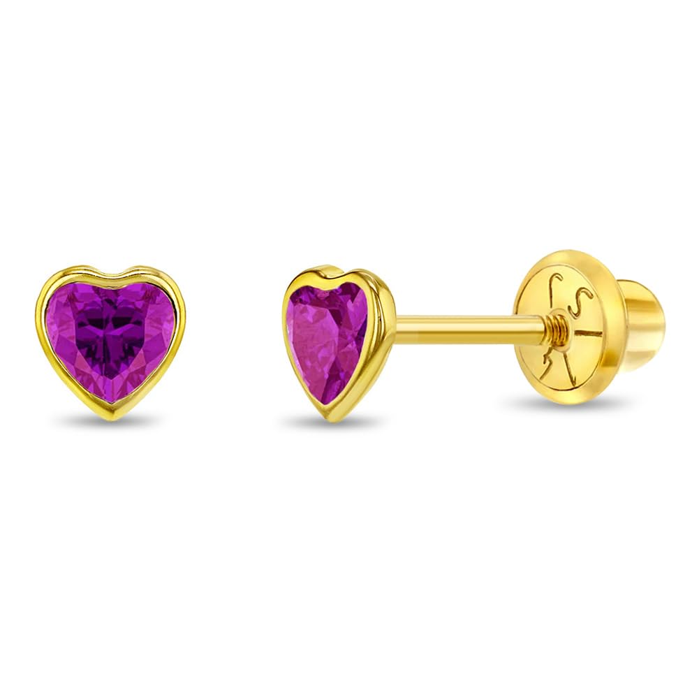 14K Yellow Gold 4mm Bezel Set Heart Cubic Zirconia Screw Back Earrings for Baby Girls, Toddlers & Young Kids - Cute Heart Stud Earrings with Secure Locking Backs - Perfect for Birthdays, Christenings & First Piercing Gifts