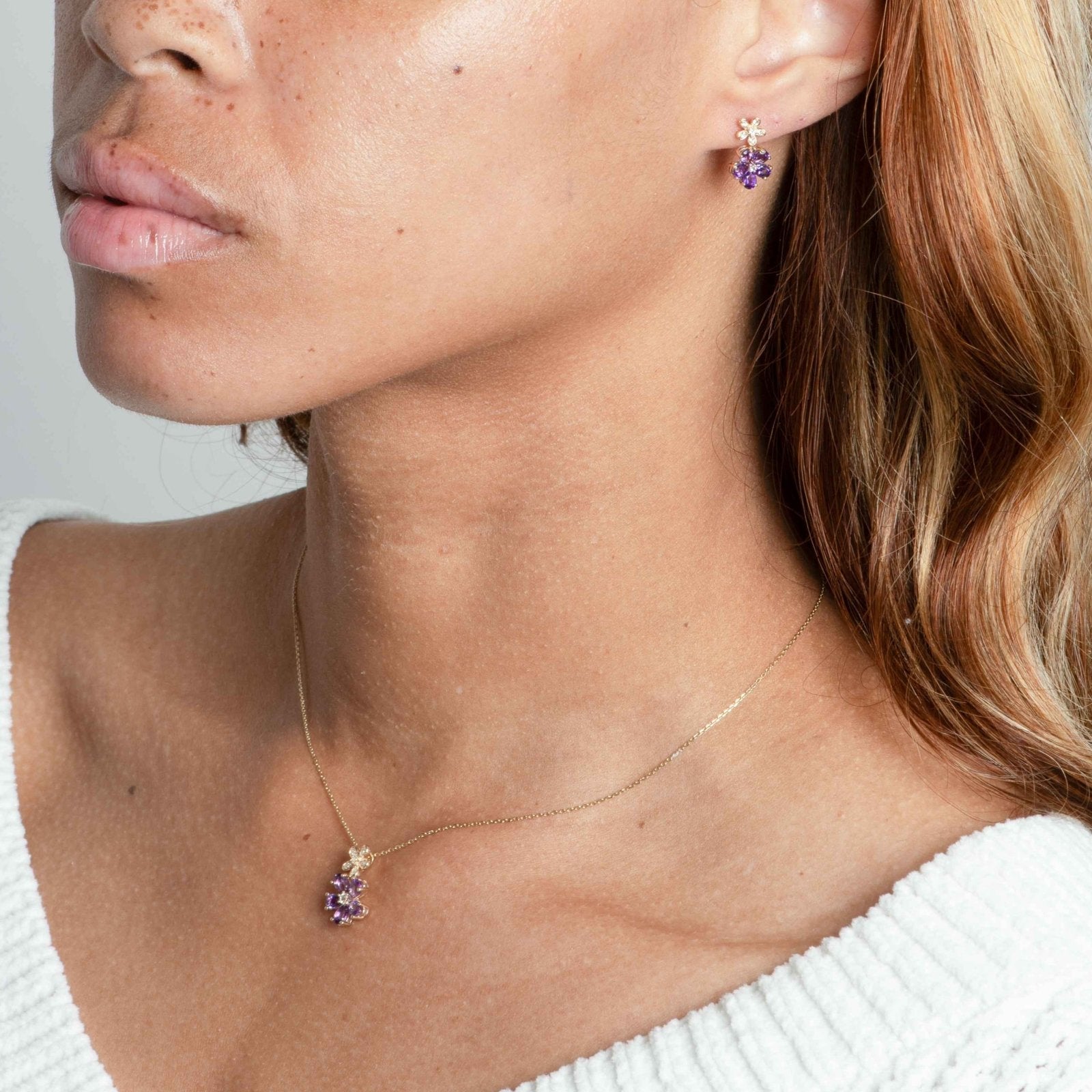 10k Yellow Gold Amethyst & White Sapphire Double Flower Drop Stud Earrings for Women – Elegant Jewelry Gift for Birthday, Anniversary & Special Occasions
