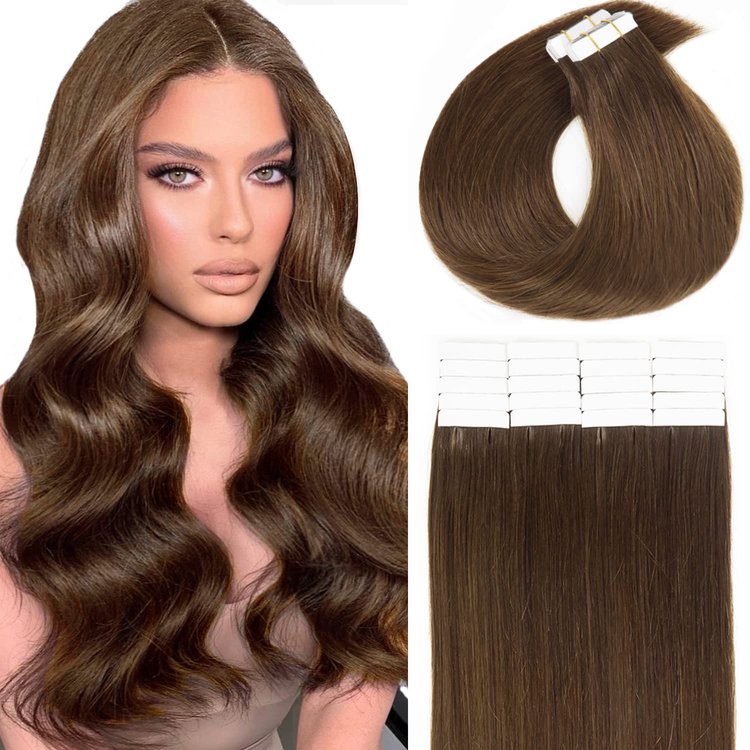 Caliee 14 Inch Tape in Hair Extensions - 100% Human Remy Hair, Medium Brown Straight Seamless Weft (50g) | Natural-Looking Hair Extensions for Volume & Length | Perfect for Daily Wear, Parties & Special Occasions