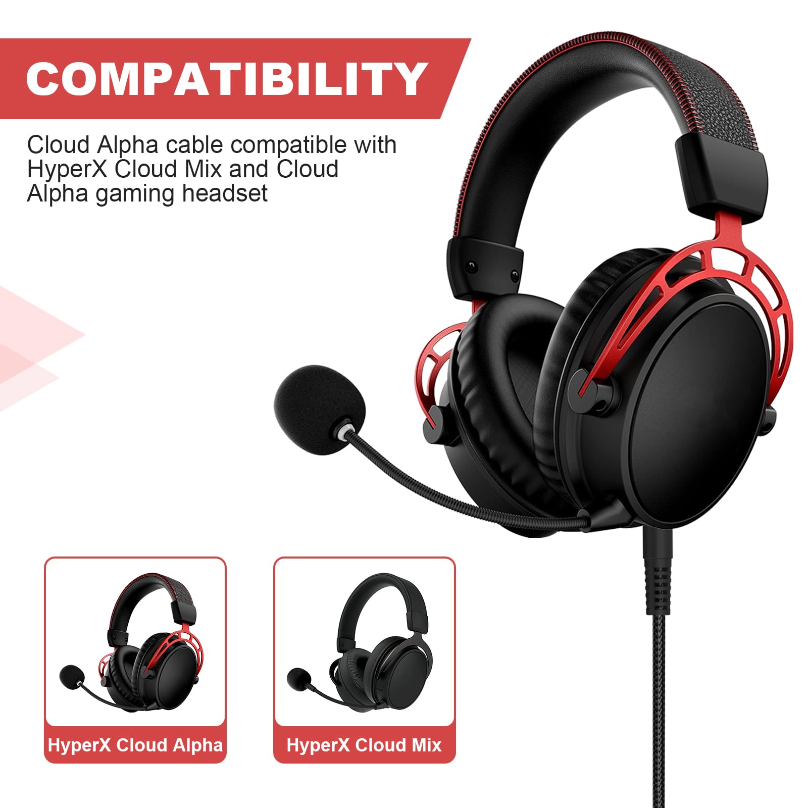 HyperX Cloud Alpha & Cloud Mix Replacement Audio Cable - 6.6ft with Inline Mute & Volume Control | Durable Gaming Headset Accessory for PC, PS4, Xbox | Perfect for Esports, Streaming & Online Gaming