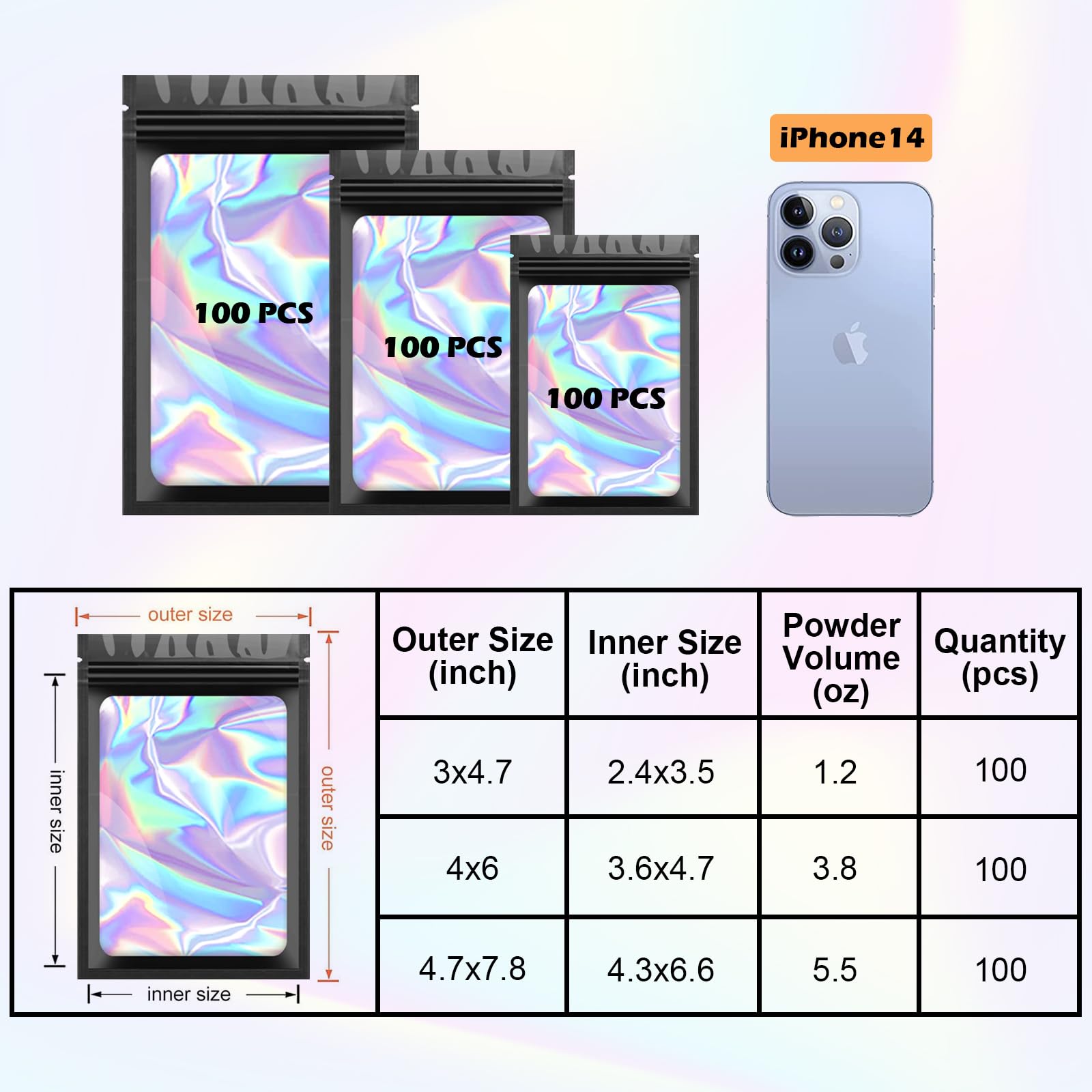 300 Pcs Holographic Mylar Bags - 3 Sizes Smell Proof Resealable Bags with Clear Window for Food Storage, Small Business & Organizing | Airtight Foil Pouch for Coffee, Tea, Snacks & Herbs | Perfect for Home, Office & Retail Use