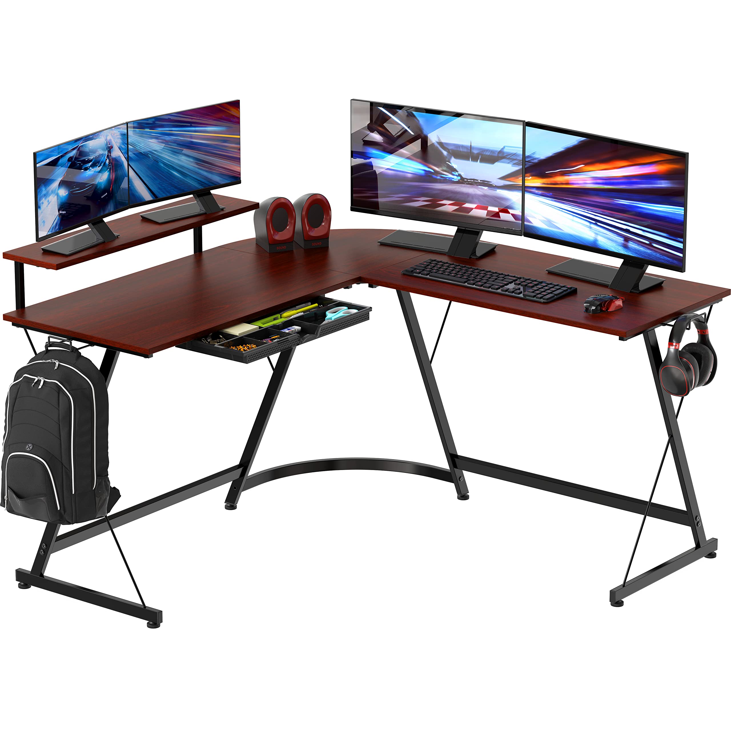 SHW Vista L-Shape Desk with Monitor Stand - Cherry Wood Computer Desk for Home Office, Gaming & Workstation - Ergonomic Corner Desk with Built-in Shelf for PC, Laptop & Dual Monitors