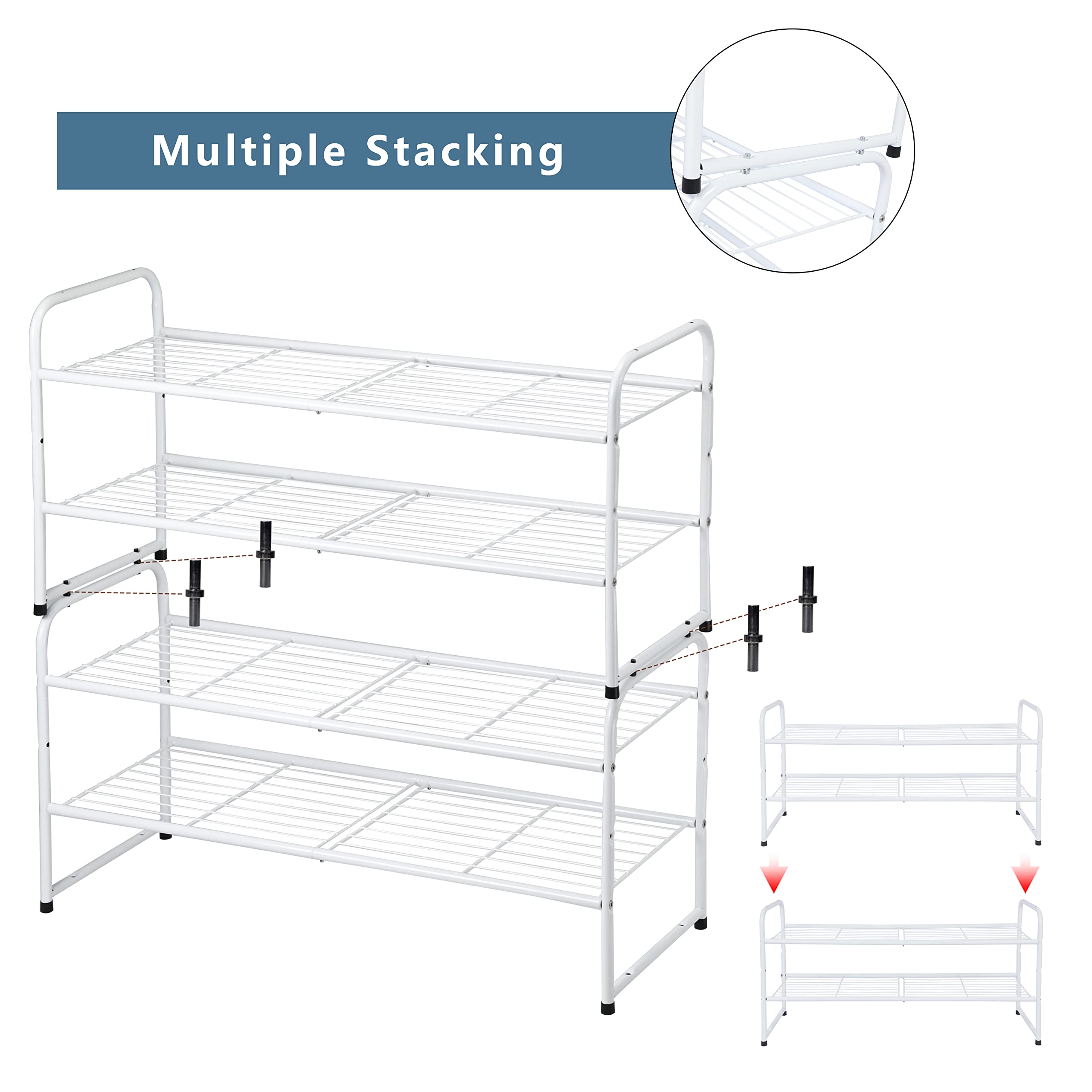 SUFAUY 2-Tier Shoe Rack Organizer - White Metal Wire Grid Storage Shelf for Entryway, Bedroom, Closet - Space Saving Large Capacity Shoe Organizer for Men, Women & Kids Shoes - Perfect for Small Spaces & Apartment Living