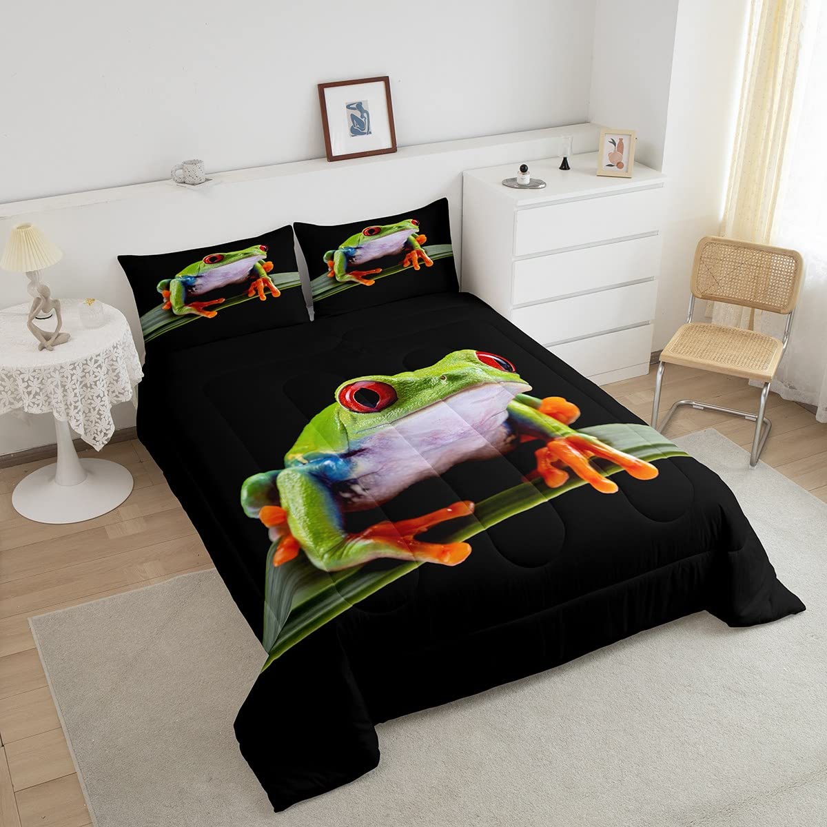 3D Frog Print Comforter Set Full Size - Tropical Amphibian Quilted Duvet Cover with 2 Pillowcases | Animal Themed Bedding for Teens, Boys & Kids | Botanical Pattern Home Decor | Perfect for Jungle Themed Rooms & Nature Lovers