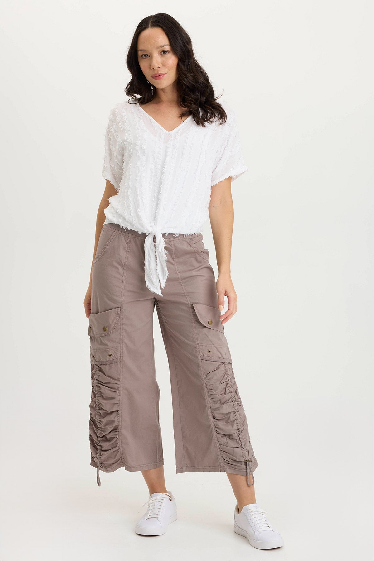 Curine Striped Voile & Jersey Knotted V-Neck Top for Women | Casual Summer Blouse for Beach, Party & Everyday Wear