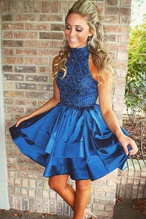 Elegant A-Line Beaded Halter Neckline Satin Homecoming Dress | Short Prom Dress PG166 | Perfect for Formal Dances, Parties & Special Occasions