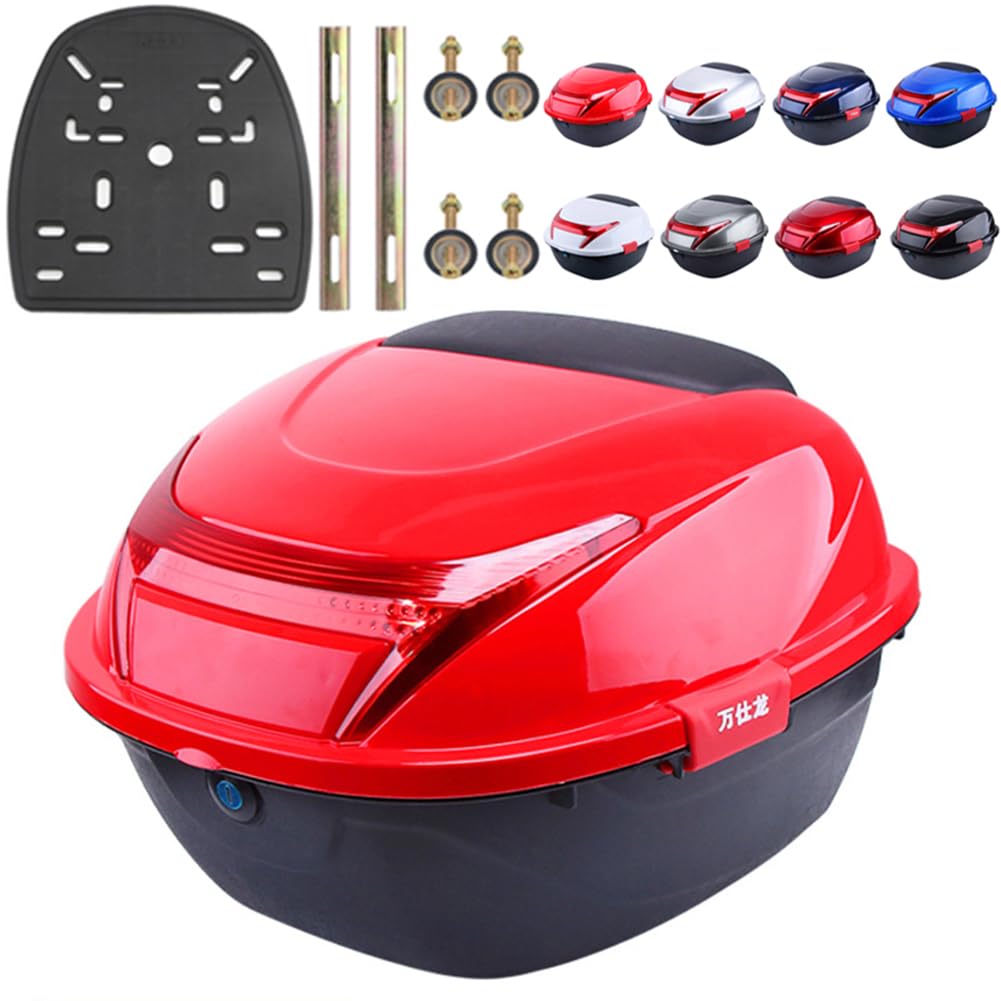 28L Waterproof Universal Scooter Top Case - Lockable Hard Tail Trunk with Backrest & Plate for Scooters, Quad Bikes, Motorbikes (Red, 41.5x37x27.5cm) - Perfect for Commuting, Travel & Secure Helmet Storage