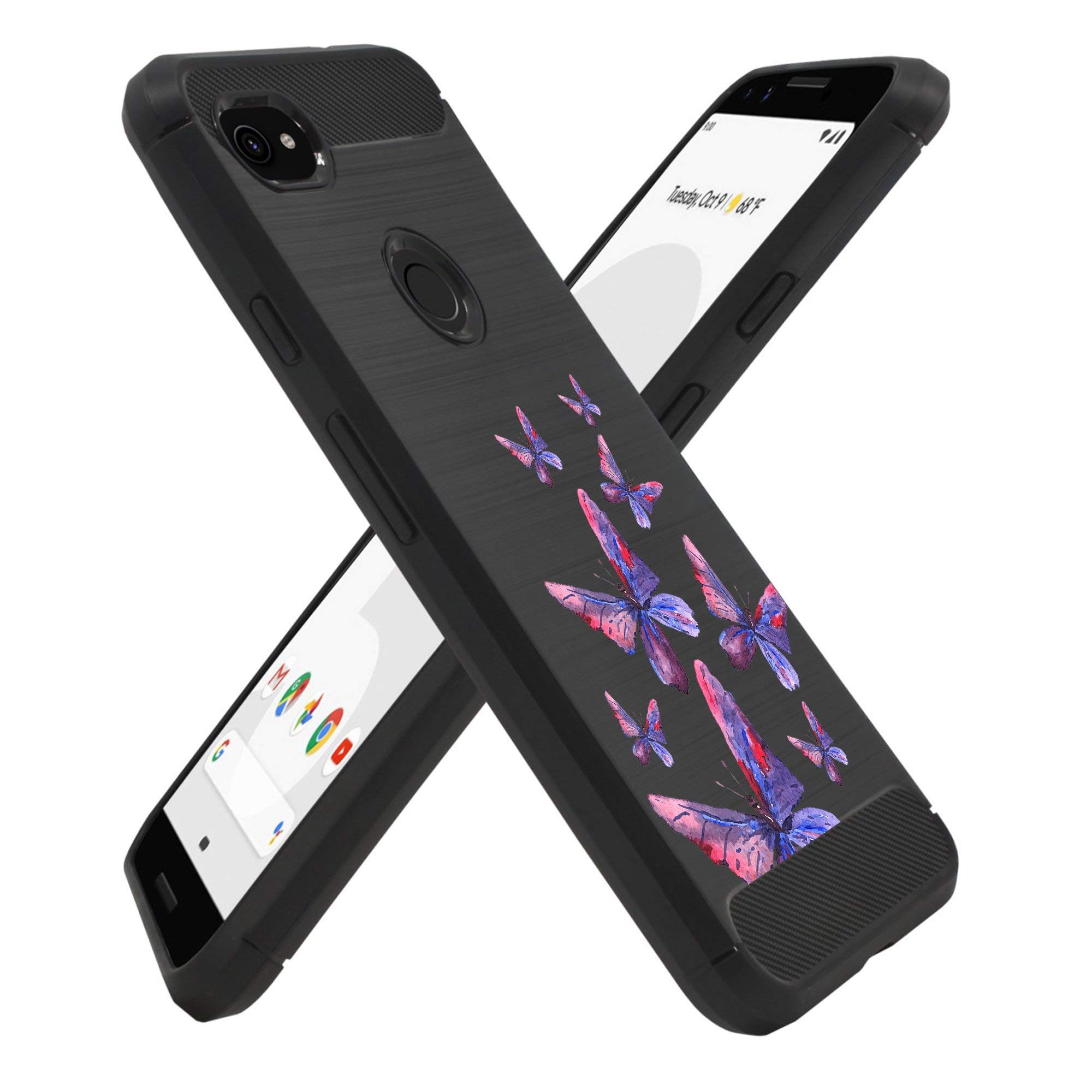 Google Pixel 3A XL Case - Tribal Floral TPU Cover with Carbon Fiber Texture | Purple Butterfly Design for Daily Protection