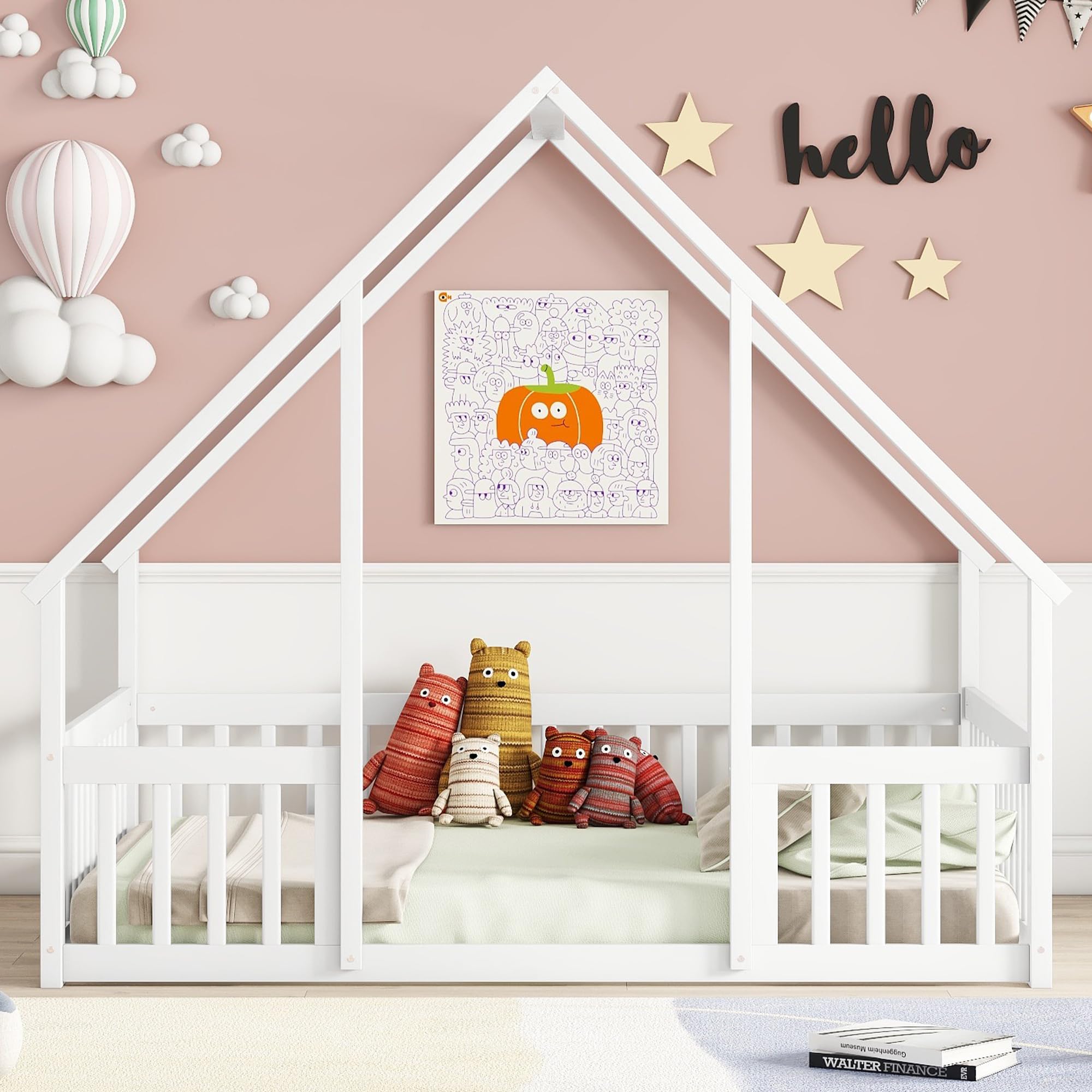 Bellemave Full Size Wooden House Floor Bed for Kids - Montessori Style Playhouse Bed Frame with Safety Fence for Boys & Girls - Perfect for Bedrooms, Playrooms and Montessori Learning Spaces (White)