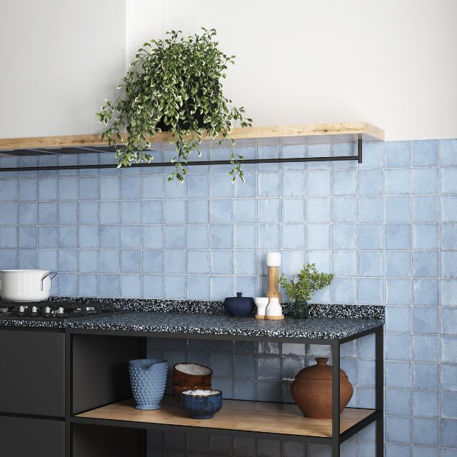 Ash Blue Dianna Zellige Tile 100x100x9mm Spanish Ceramic Wall & Floor Tile - Perfect for Kitchen Backsplash, Bathroom, and Fireplace Decor