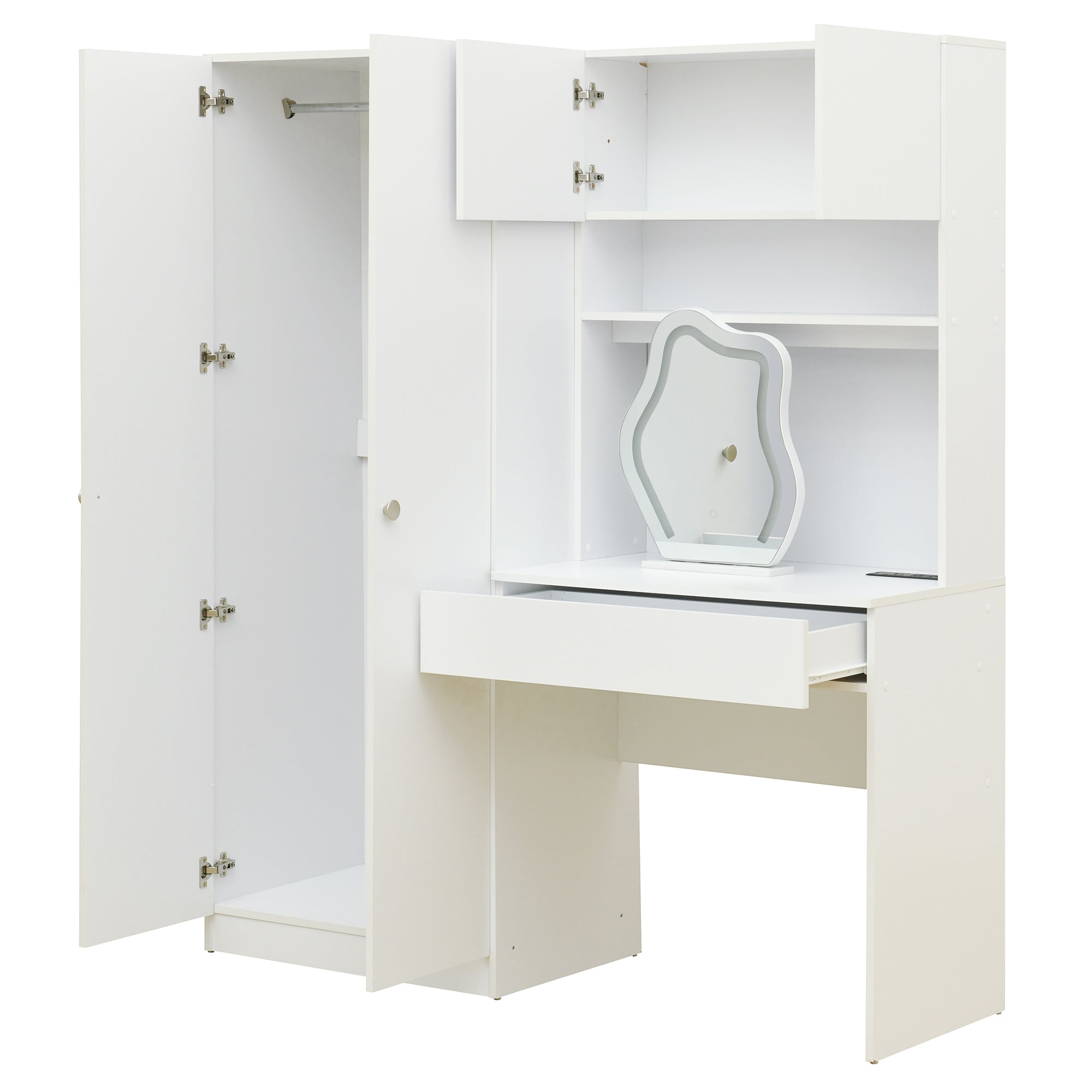 White 2-Door Wooden Storage Vanity Wardrobe with Makeup Mirror & Drawers - Bedroom Organizer for Clothes, Jewelry & Cosmetics | Perfect for Small Spaces & Master Bedrooms
