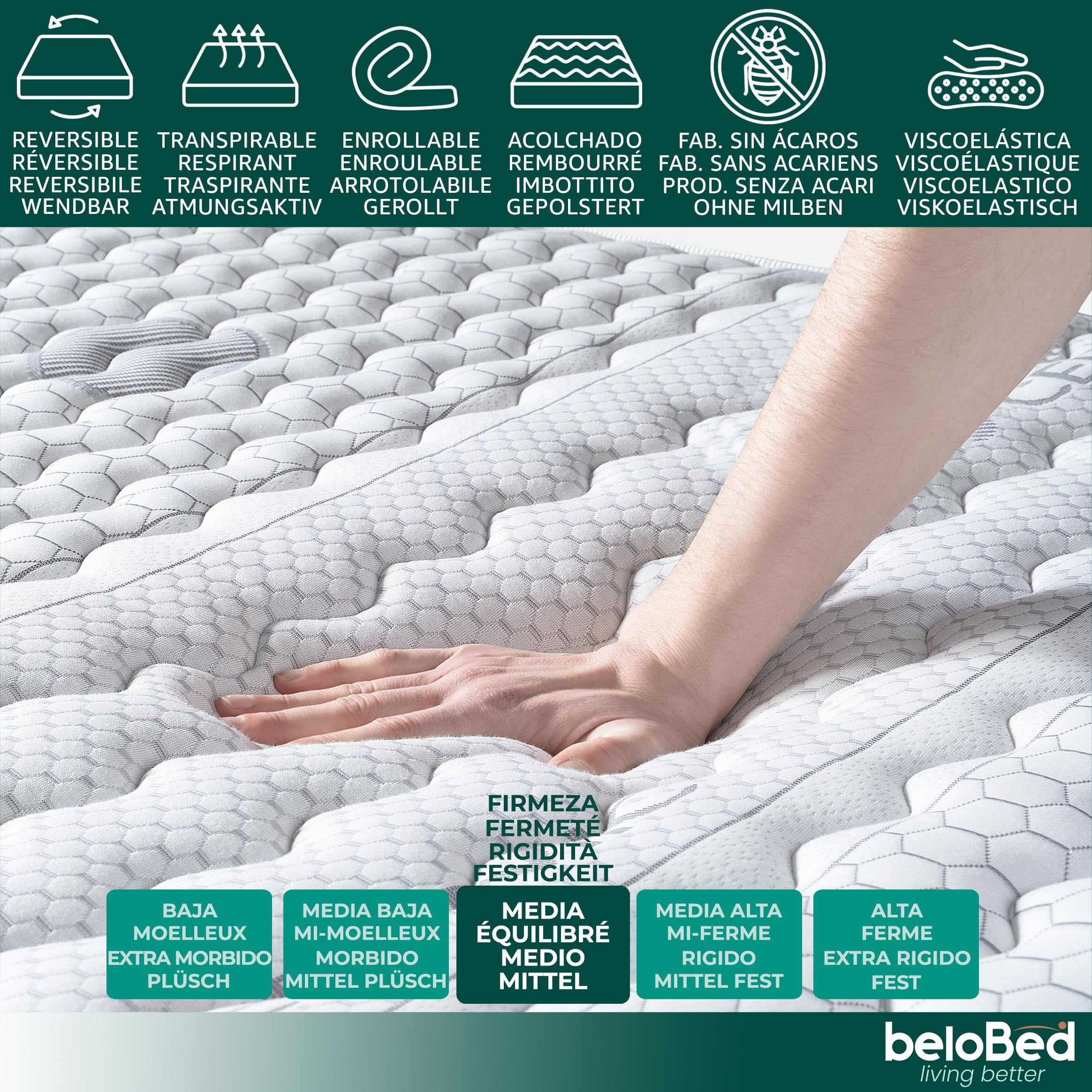 BeloBed 135x190 cm Memory Foam Mattress - Reversible, Medium Firm, 28 cm Height, Breathable & Roll-Packed for Easy Transport - Perfect for Guest Rooms, Dorms & Small Spaces - Airluxe Technology