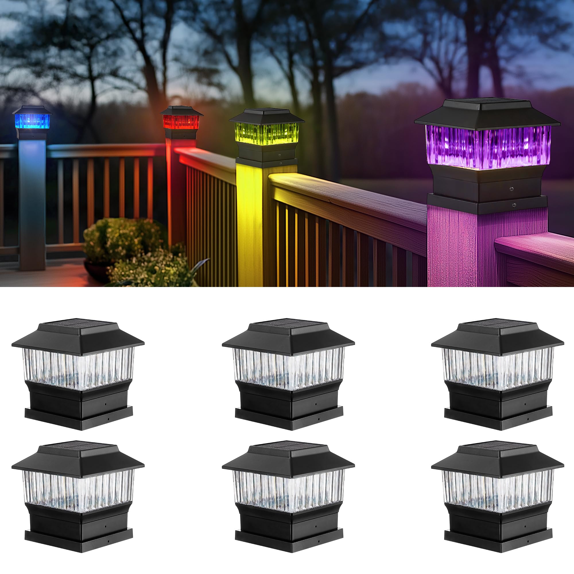 Solar Post Cap Lights 50 Lumen - RGB & Warm White LED Outdoor Fence Deck Lights for 4x4, 3.5x3.5, 4.5x4.5, 5.5x5.5 Posts - Weatherproof Garden Patio Lighting for Christmas, Halloween, Parties & Year-Round Decor (Black, 6 Pack)