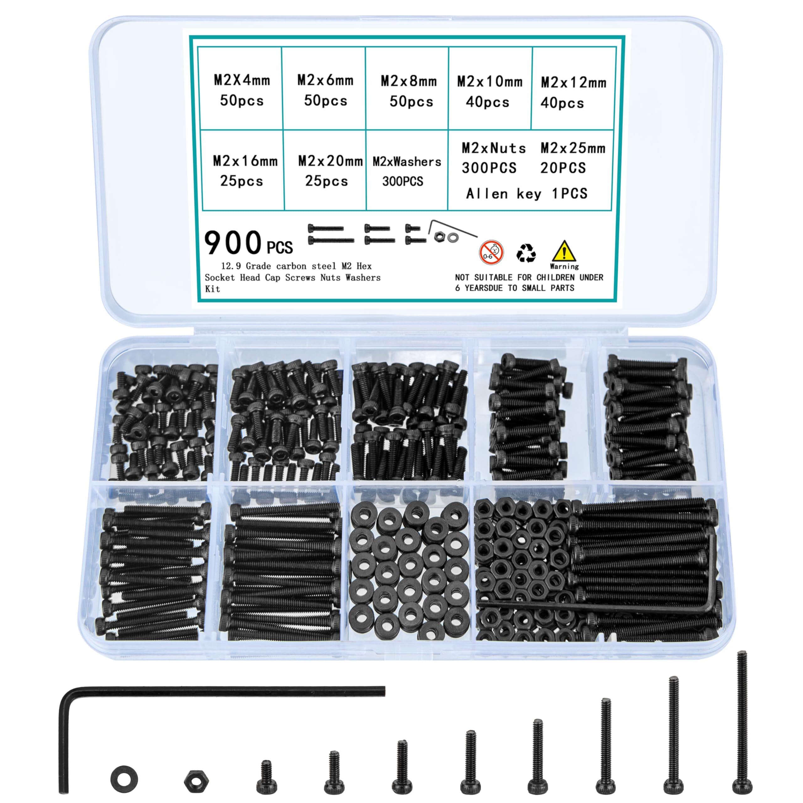 900 Pcs M2 Screws Bolts and Nuts Assortment Kit - Small Hex Socket Head Cap Screws, Nuts, Bolts & Washers - Black Metric Machine Fasteners Set for DIY, Electronics, Furniture & Automotive Repair
