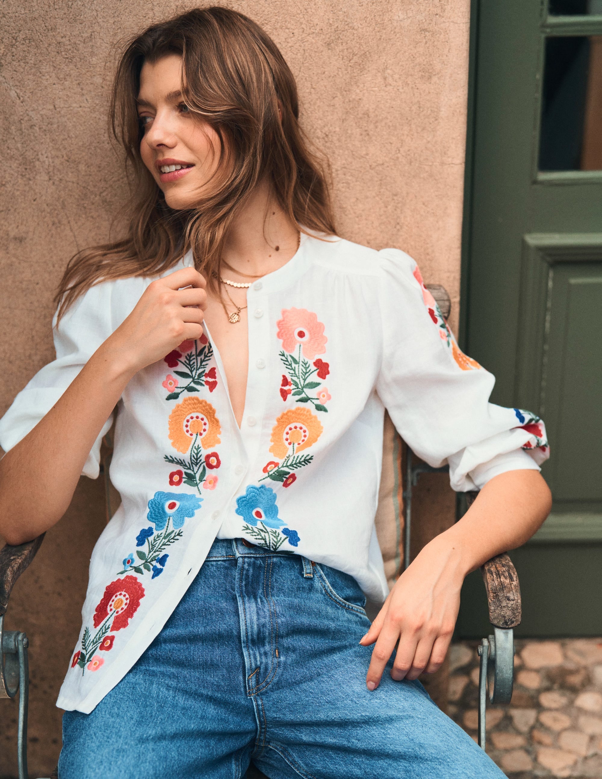 Alicia Women's Linen Blouse White Floral Embroidered Summer Tops - Perfect for Beach Vacation, Boho Chic Outfits & Casual Wear