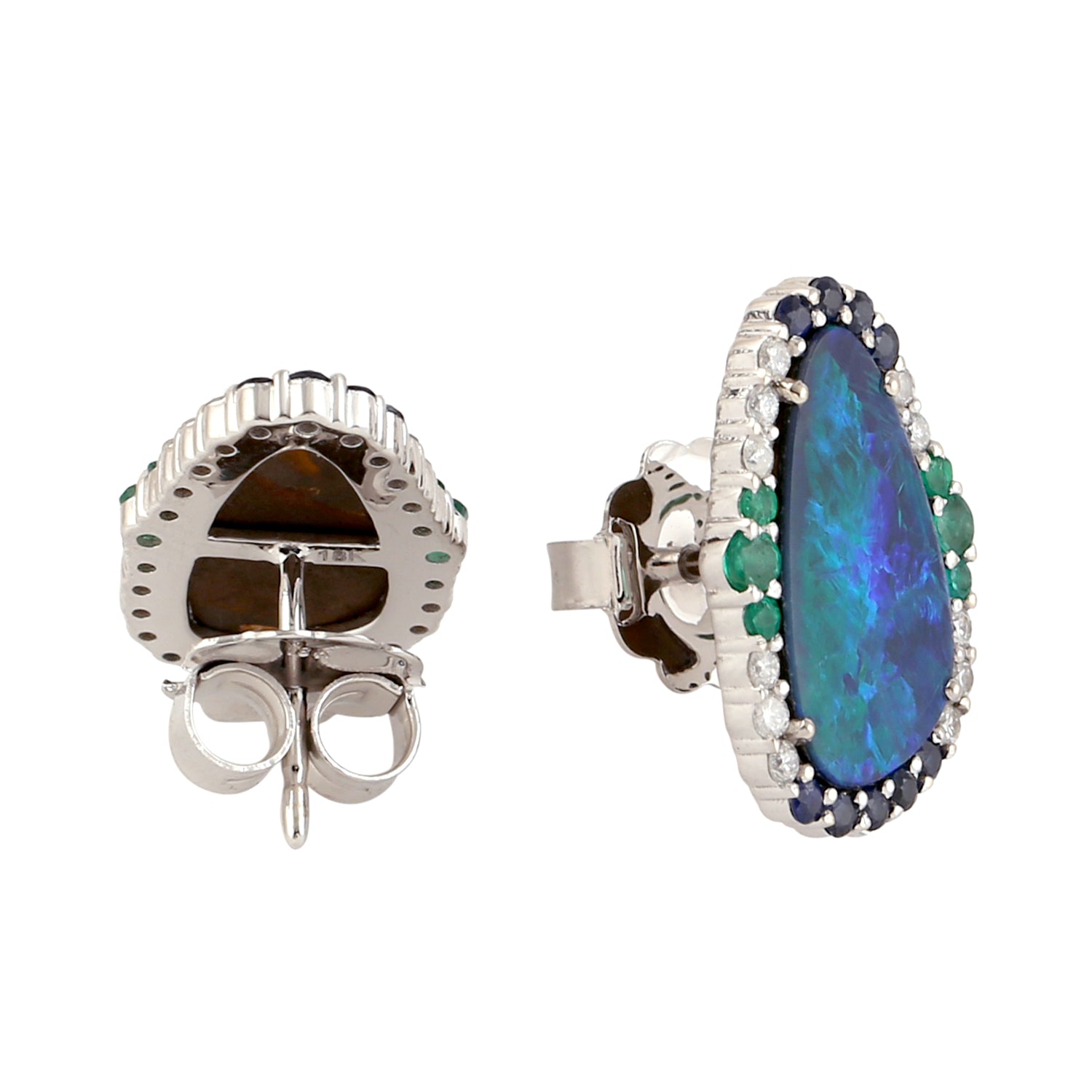 18K White Gold Opal Doublet Blue Sapphire Emerald Pave Diamond Stud Earrings – Elegant Jewelry for Women, Perfect for Weddings, Parties & Special Occasions