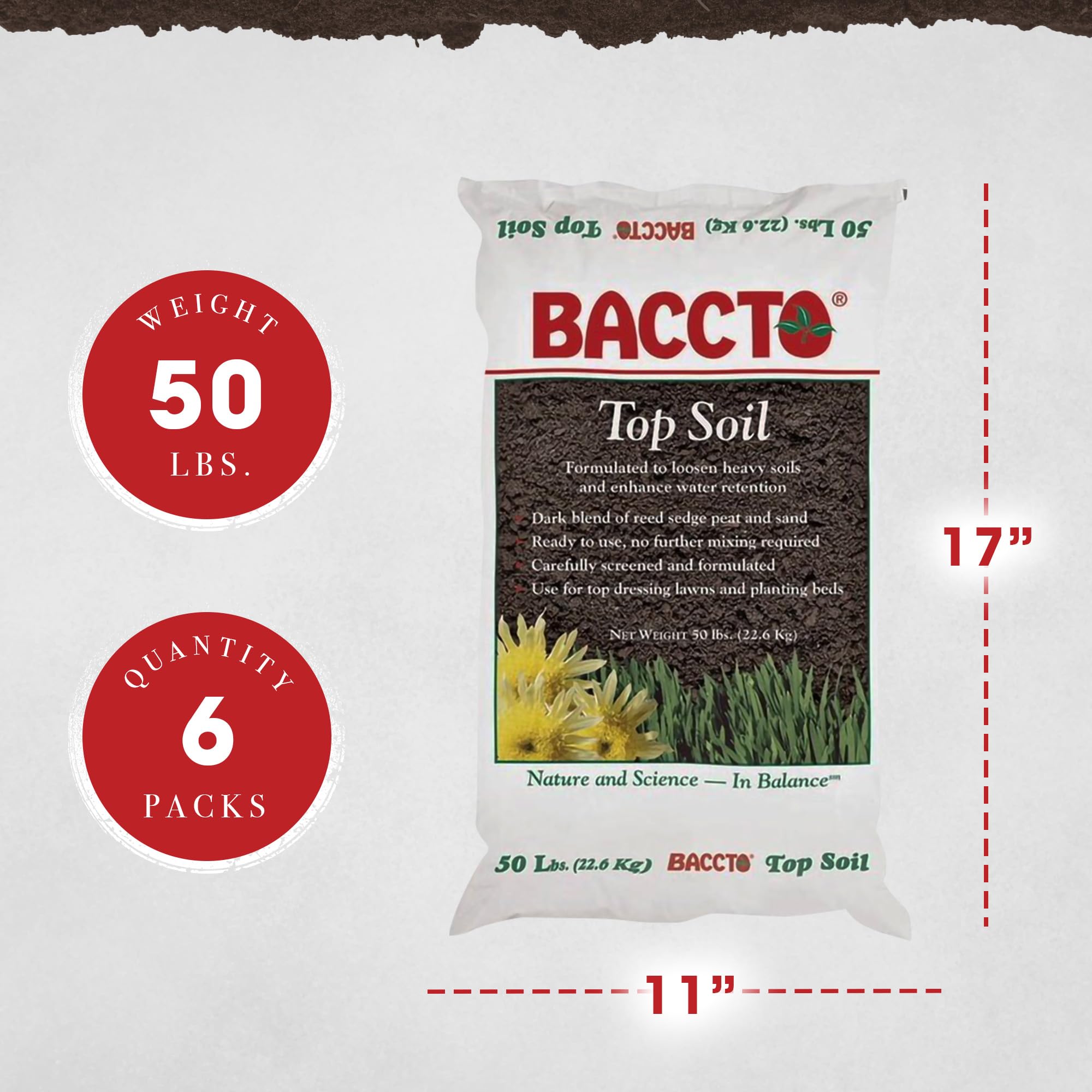 Premium 1550P Baccto Top Soil - 50 lbs (6 Pack) for Lawns, Gardens & Raised Beds | Reed Sedge, Peat & Sand Blend | Ideal for Landscaping, Vegetable Planting & Flower Beds