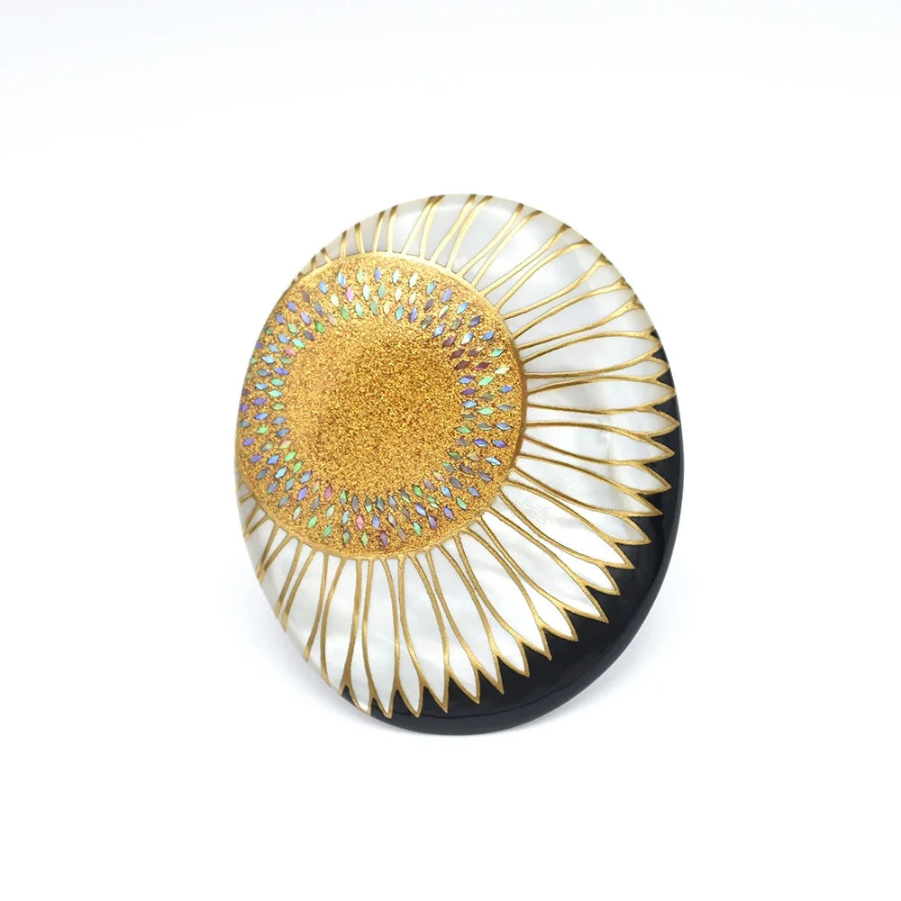 Handcrafted Maki-e Urushi Lacquer Brooch with White South Sea Pearl Shell & Sunflower Design - Traditional Japanese Lacquer Jewelry for Women, Gift, Wedding & Special Occasions