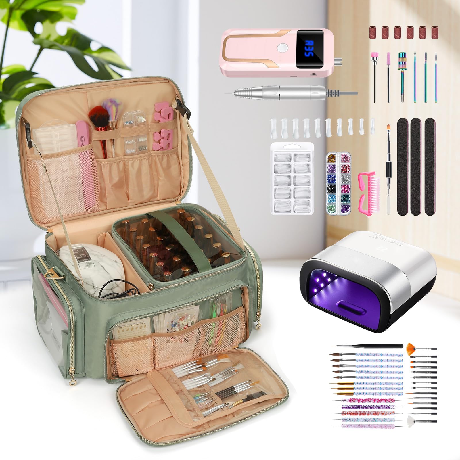 **50-70 Bottle Nail Polish Organizer & Storage Case - Portable Travel Nail Kit with Nail Lamp Holder - Perfect for Manicurists, Nail Artists & DIY Enthusiasts - Ideal for Salon, Home & Travel Use (Green)**