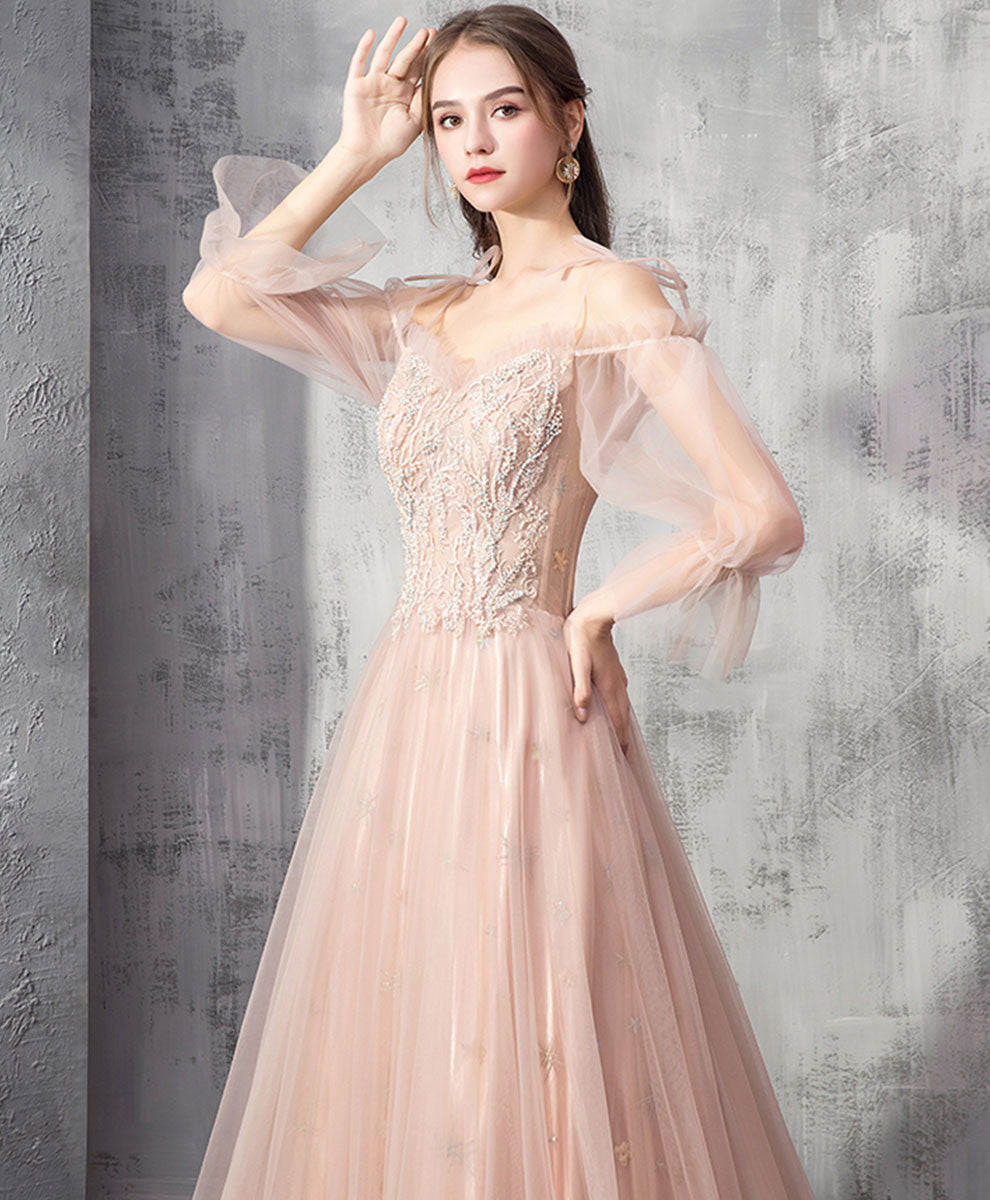 Elegant Champagne Tulle Lace Long Prom Dress for Formal Evening Events - Perfect for Homecoming, Quinceañera & Wedding Parties
