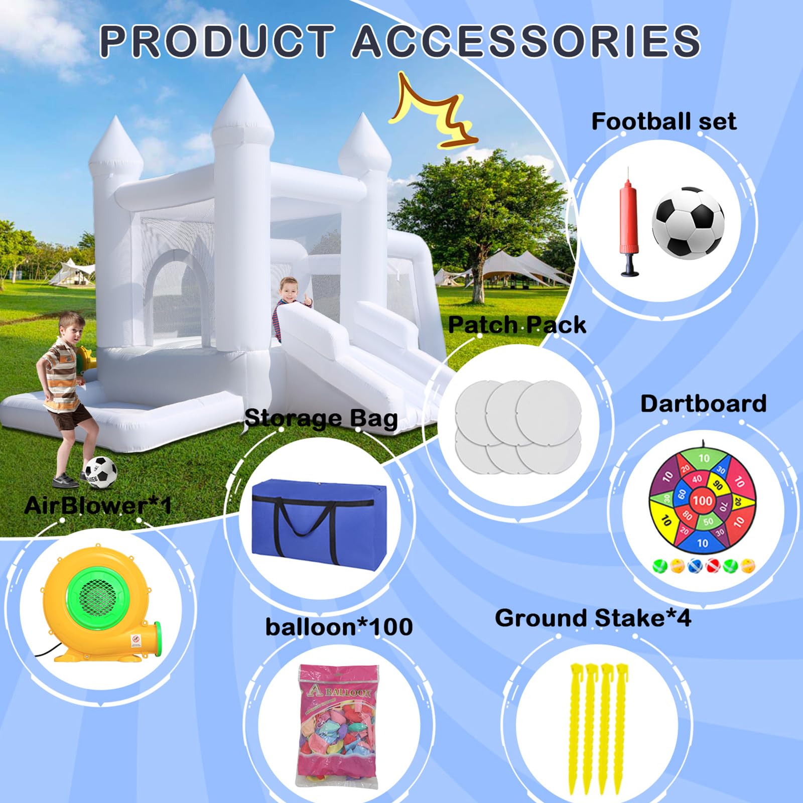 White Bounce House with Blower - 8ft x 11ft Inflatable Bouncy Castle for Kids | Backyard, Birthday Parties, Events | Durable Outdoor Play Equipment for Children's Gifts & Family Fun