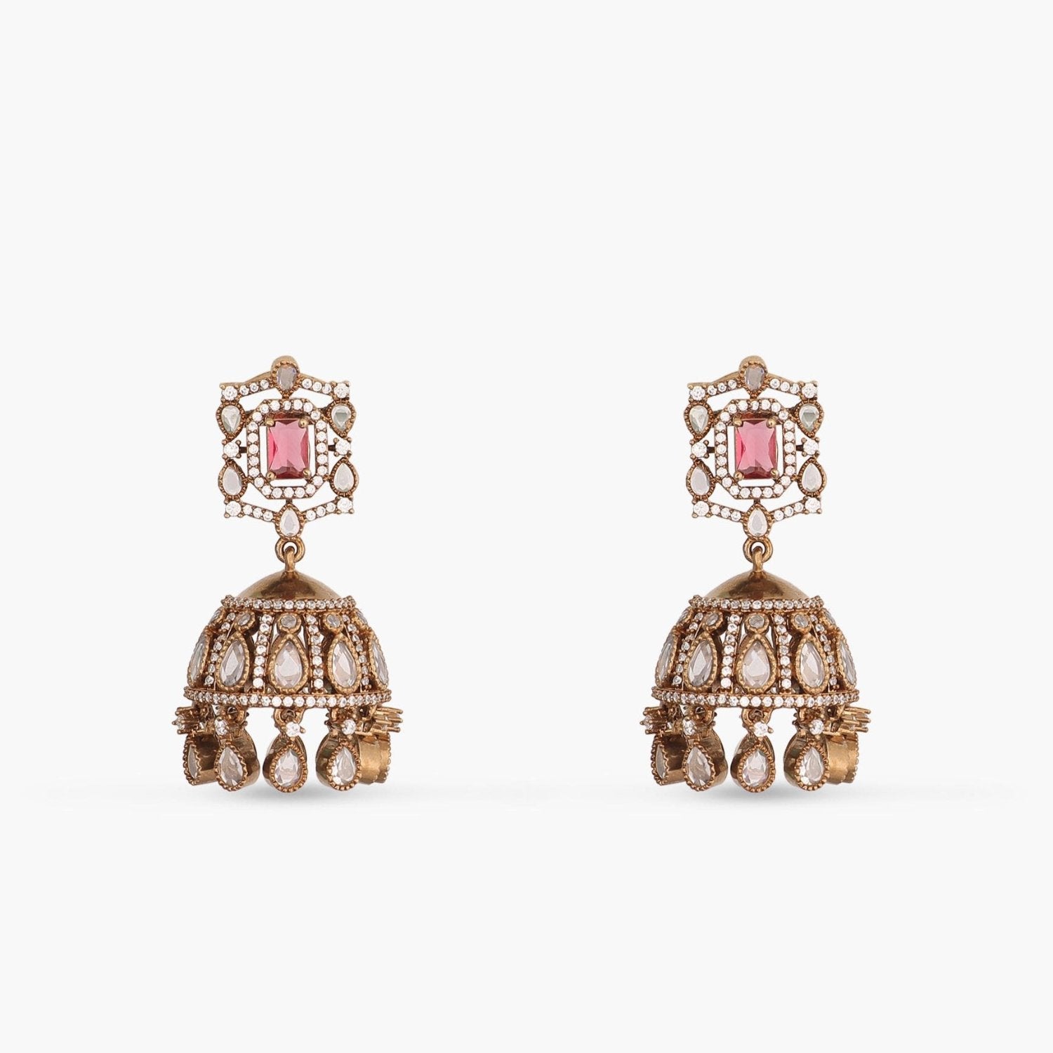Ariana CZ Red Jhumka Earrings for Women - Sparkling Cubic Zirconia Dangle Earrings for Party, Wedding & Festive Occasions