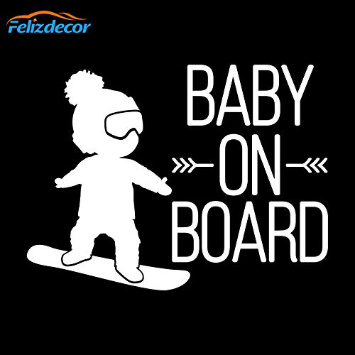 White & Black Baby on Board Car Decal - Cool Snowboard Boy Vinyl Sticker for Car Windows - Safe & Durable L717 - Perfect for Family Vehicles, SUVs & Minivans