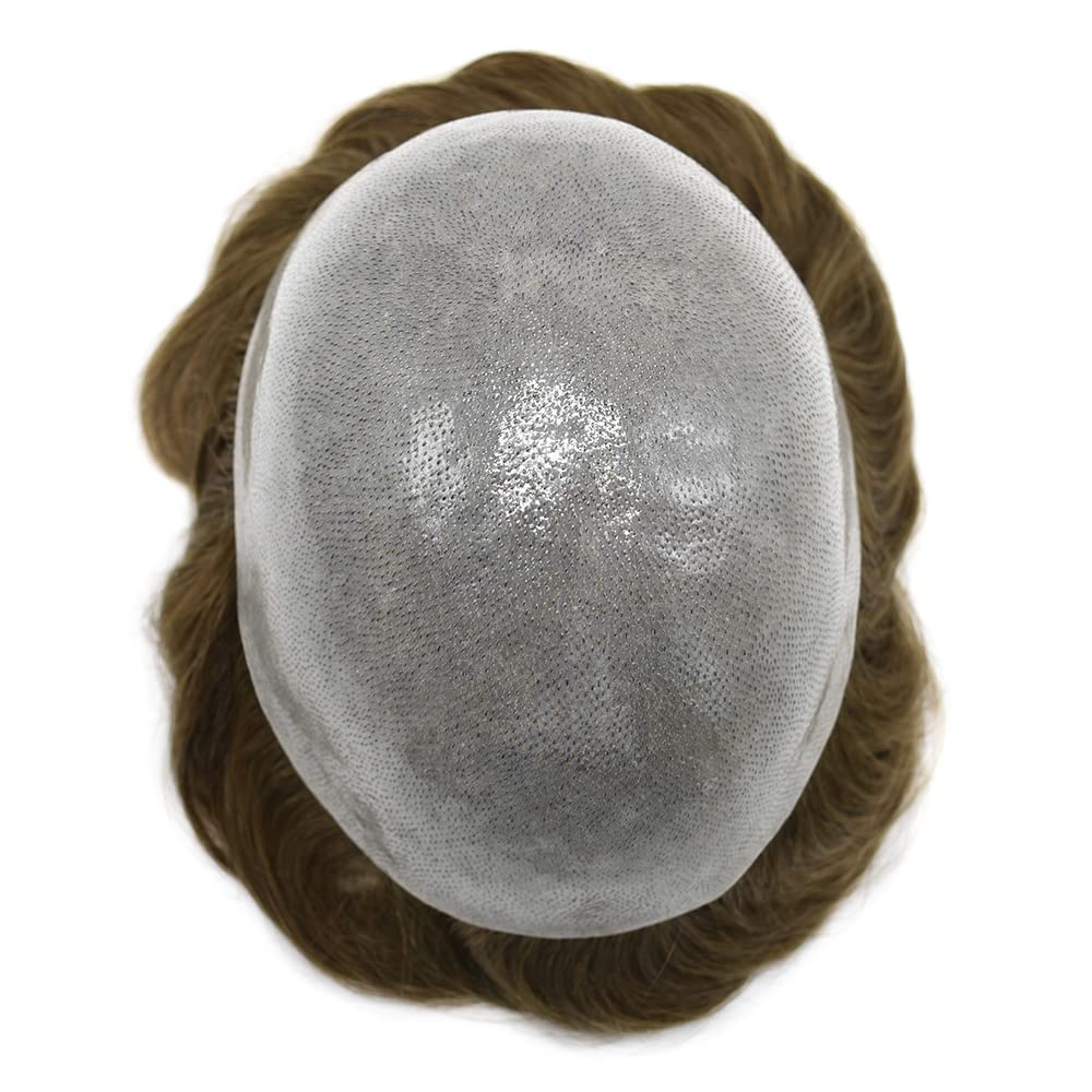 100% European Human Hair Toupee for Men - 0.12mm Thin Skin V-Looped Hair Replacement System with Durable Poly Base (8