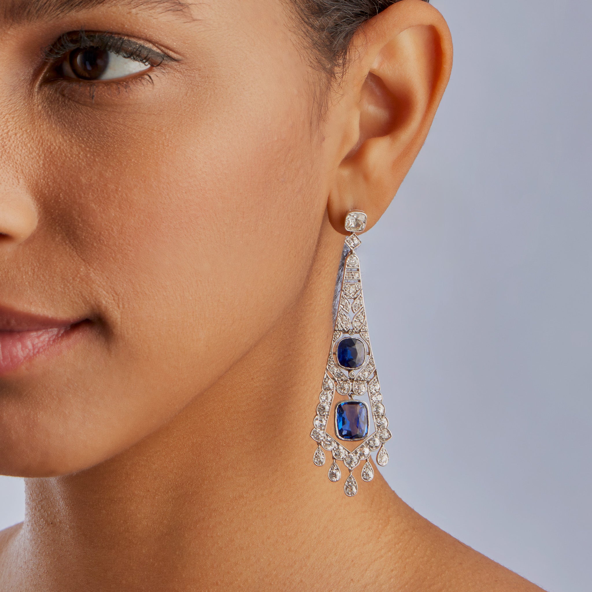 Exquisite French Art Deco AGL-Certified Natural Sapphire & Diamond Pendant Earrings | No Heat Treatment | Vintage Jewelry for Weddings, Parties & Special Occasions