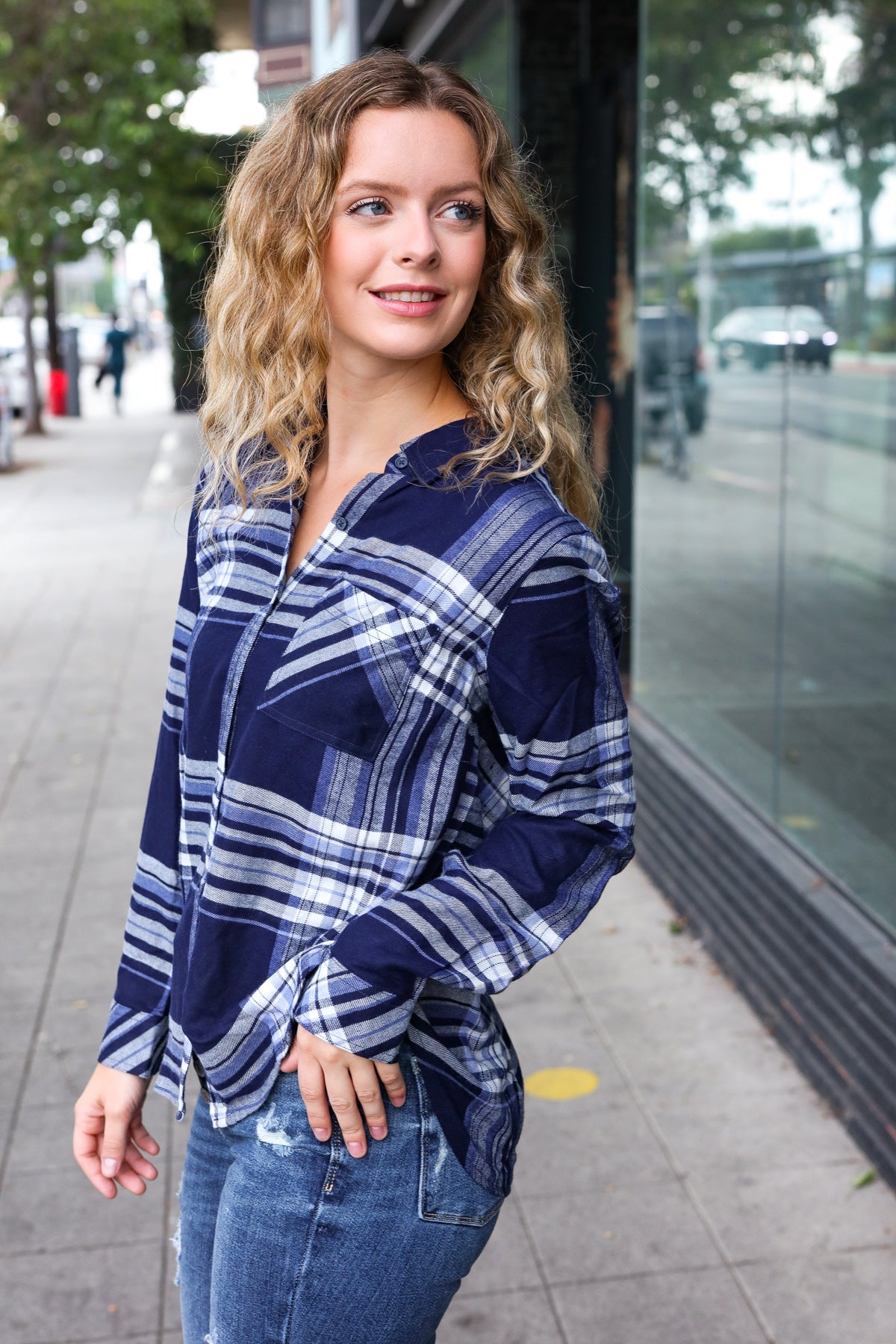 Stylish Blue Plaid Button Down Shirt for Women - Casual Long Sleeve Blouse - Perfect for Office, Date Night & Fall Outfits