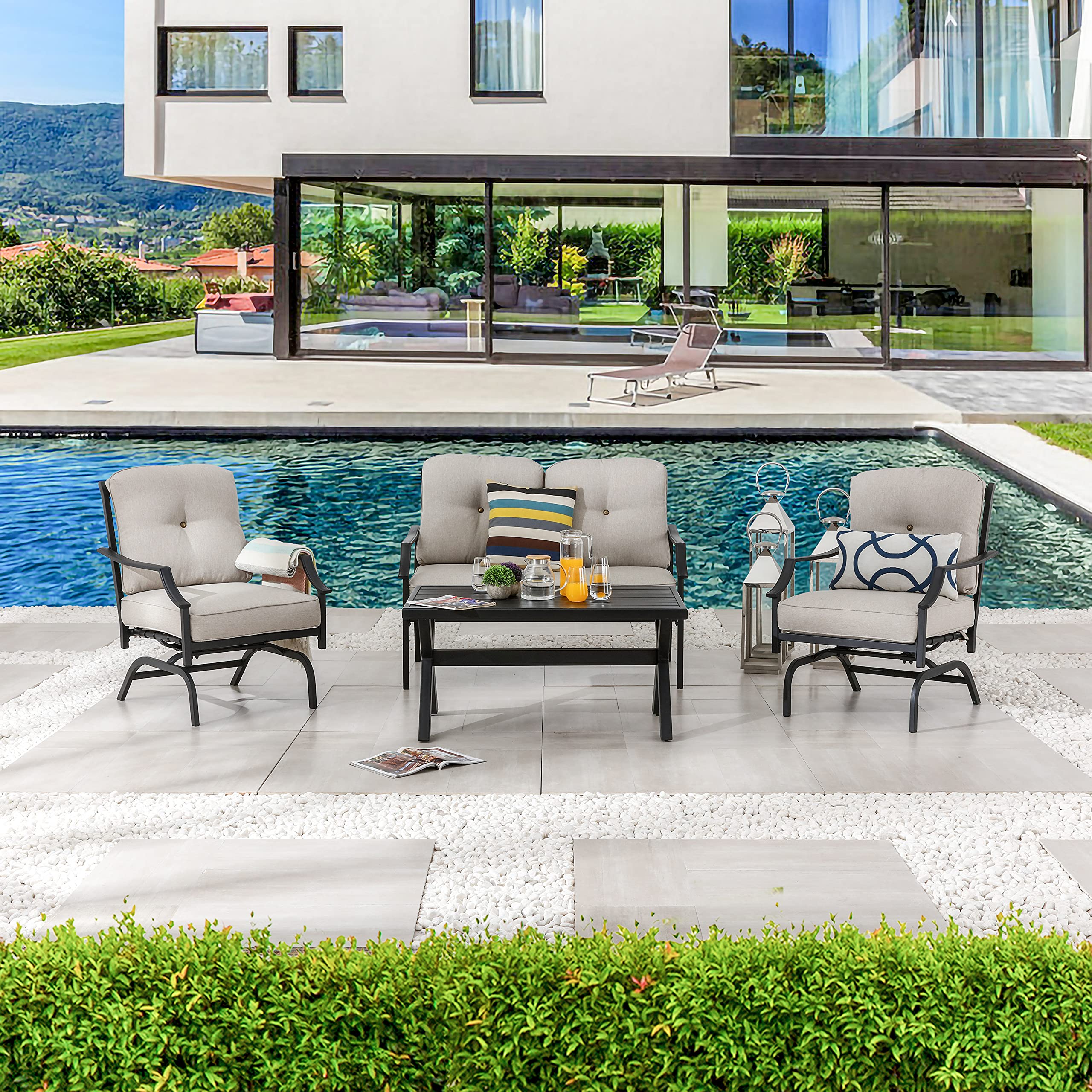 LOKATSE HOME 4-Piece Outdoor Patio Furniture Set - Beige Loveseat, 2 Single Sofas & Coffee Table for Backyard, Garden, Poolside, Balcony | Durable Weather-Resistant Conversation Set for Relaxing & Entertaining