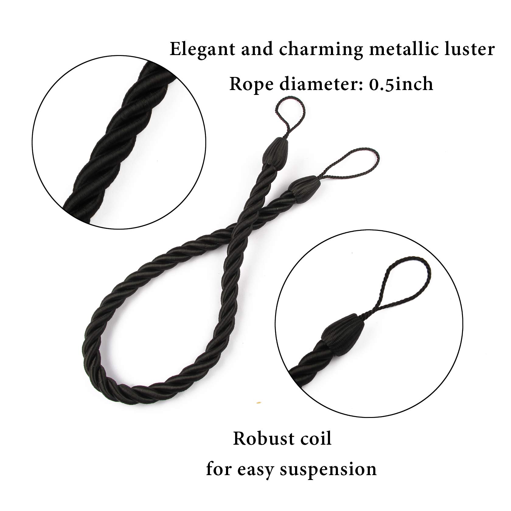 BEL AVENIR Handmade Curtain Tiebacks Ropes - 4 Pack Black Curtain Holdbacks for Living Room, Bedroom & Window Decor