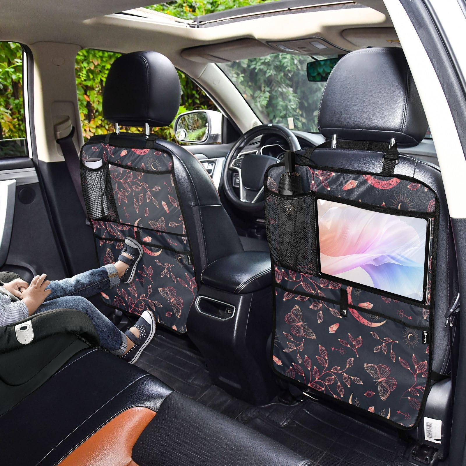 Moon Crystal Print Car Seat Back Organizer - 2 Pack Seatback Protector with Multiple Pockets for Tablet, Bottle, Tissues & Books (25x18 Inch) - Perfect for Road Trips, Family Travel & Daily Commute