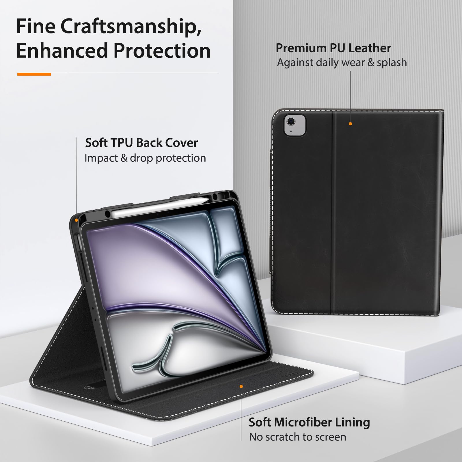 MoKo Premium Leather Folio Stand Cover Case for iPad Air 13 Inch (M3 2025 / M2 2024) & iPad Pro 12.9 Inch (2021/2022) with Apple Pencil Holder - Black | Perfect for Work, Travel & Home Office Use