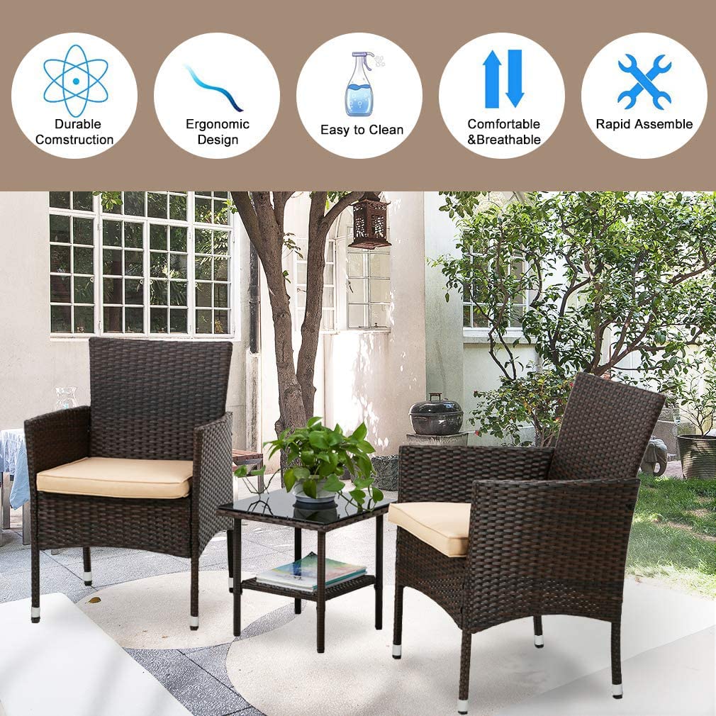 3-Piece Outdoor Patio Furniture Set - Wicker Bistro Table & Rattan Chairs with Coffee Table - Brown Garden Conversation Set for Porch, Yard & Outdoor Dining | Weather-Resistant & Comfortable