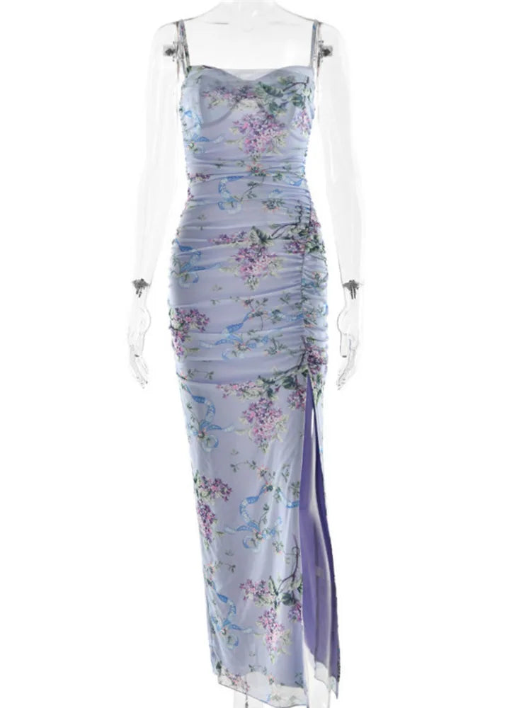 Blue Floral Print Mesh Maxi Dress for Women - Sleeveless Spaghetti Strap Backless Long Gown with Side Slit & Zipper | Perfect for Club Parties, Beach Vacations & Summer Evening Events